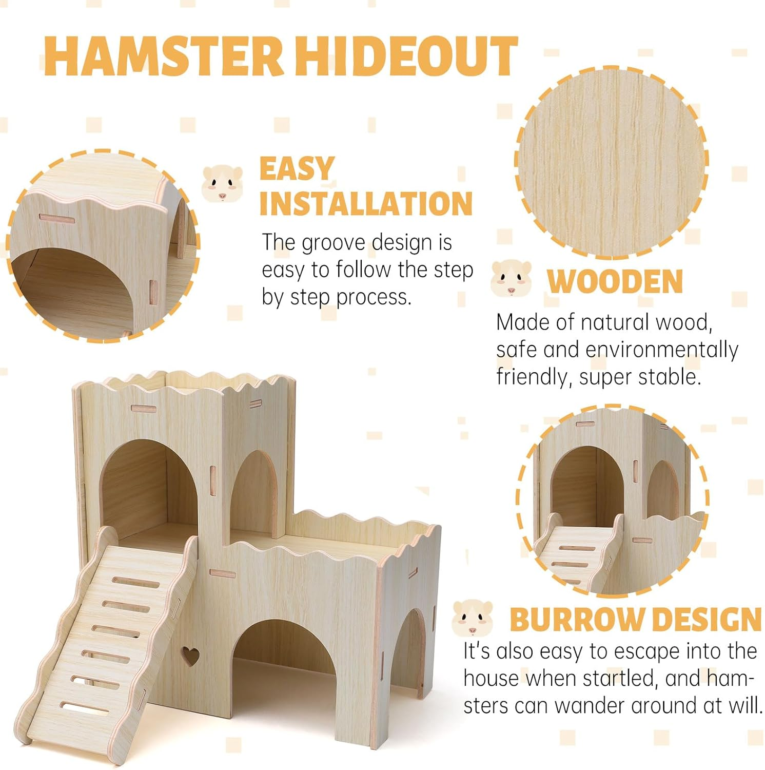 Wooden Hamster House, Hamster Playground with Cave Stairs, Hamster Houses and Hideouts, Wooden Hamster Toys Hamster Cage Accessories image number 2