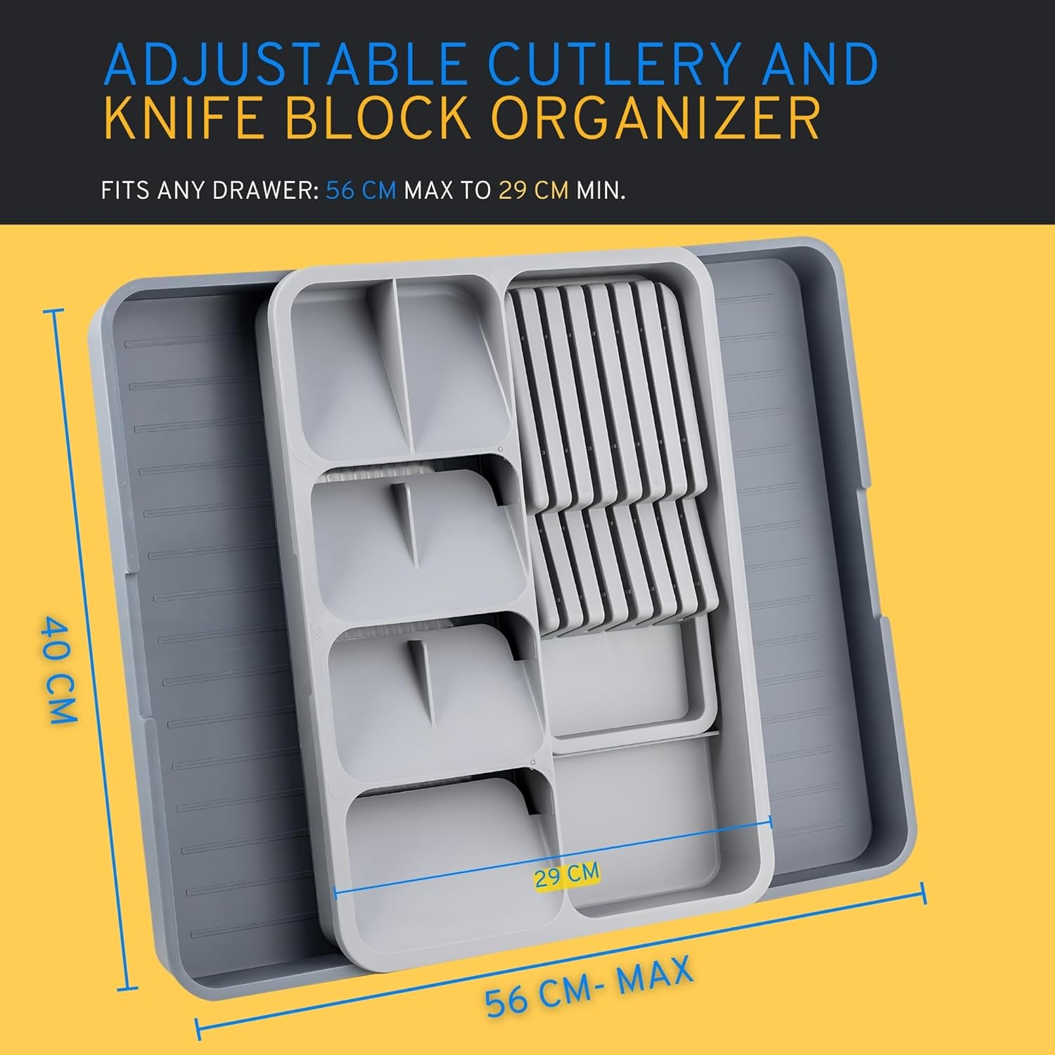 Daffodily Premium Cutlery Drawer Organiser Adjustable Cutlery Tray Extendable Kitchen Drawer Organiser for Forks, Spoons, Knives - Silverware & Flatware Holder. (TRAY + KNIFE BLOCK) image number 4