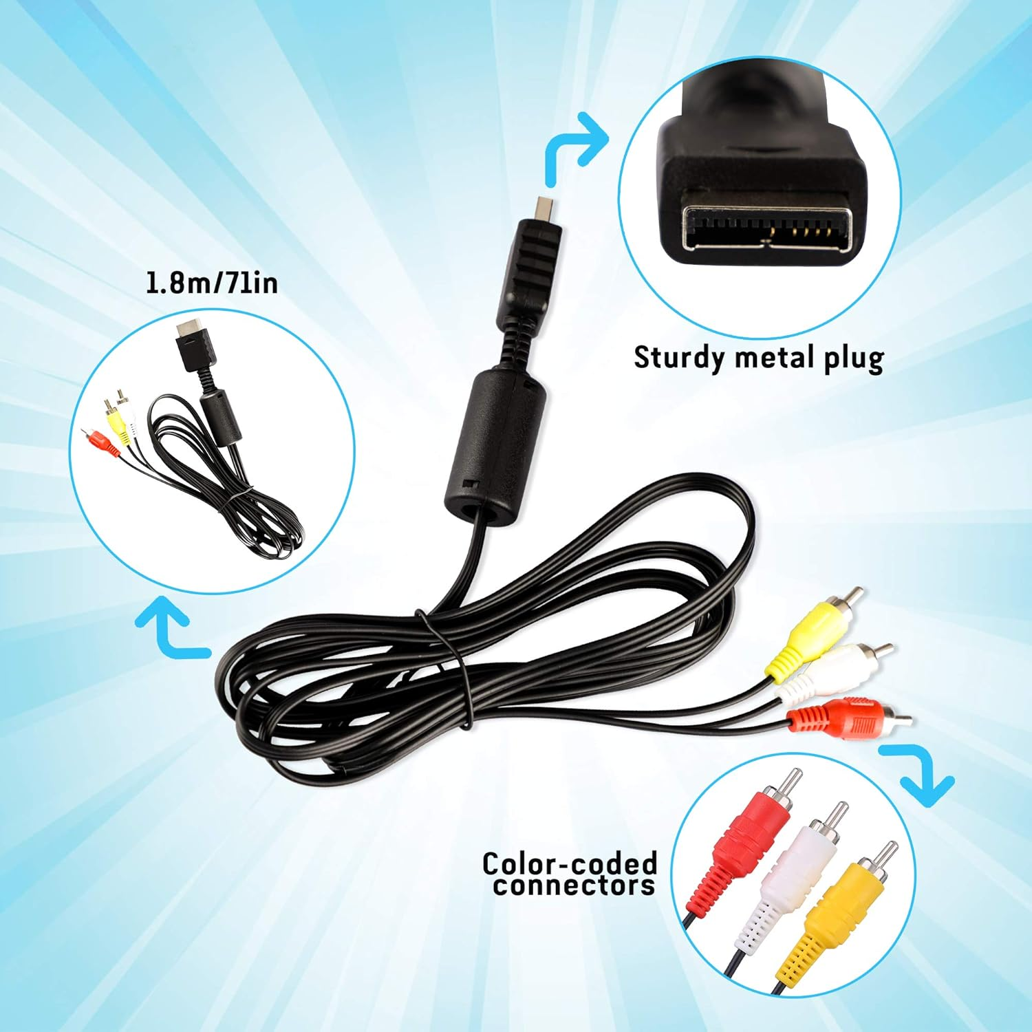 6Ft AV Cable for PS2 PS1 PS3, AV to RCA Composite Audio Video TV Cord Compatible with Playstation 1 2 3 image number 5