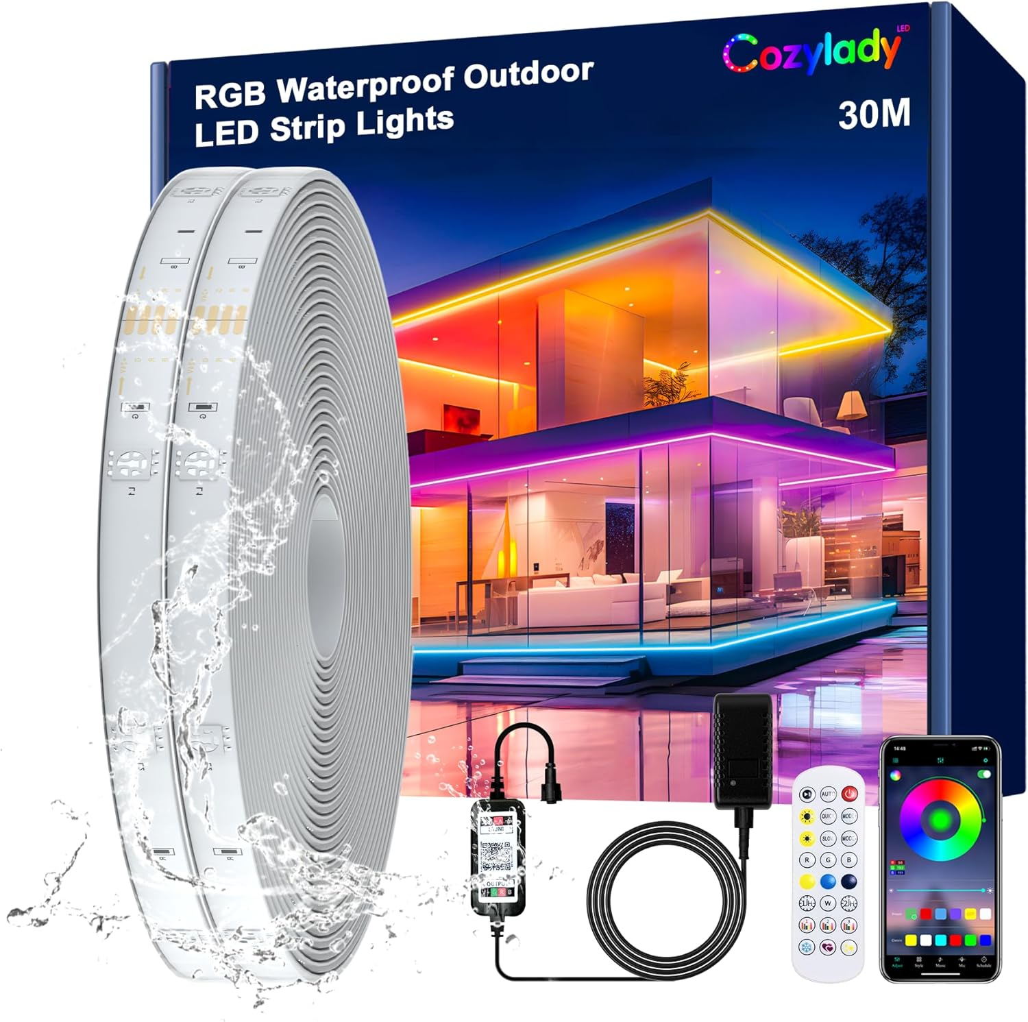 30M Outdoor LED Strip Lights, 100Ft Cozylady IP67 Waterproof Bluetooth RGB Light with App & Remote Control, Music Sync Flexible 24V Led Light Strips for Pool Gazebo Balcony Eave Patio Party Decor image number 1