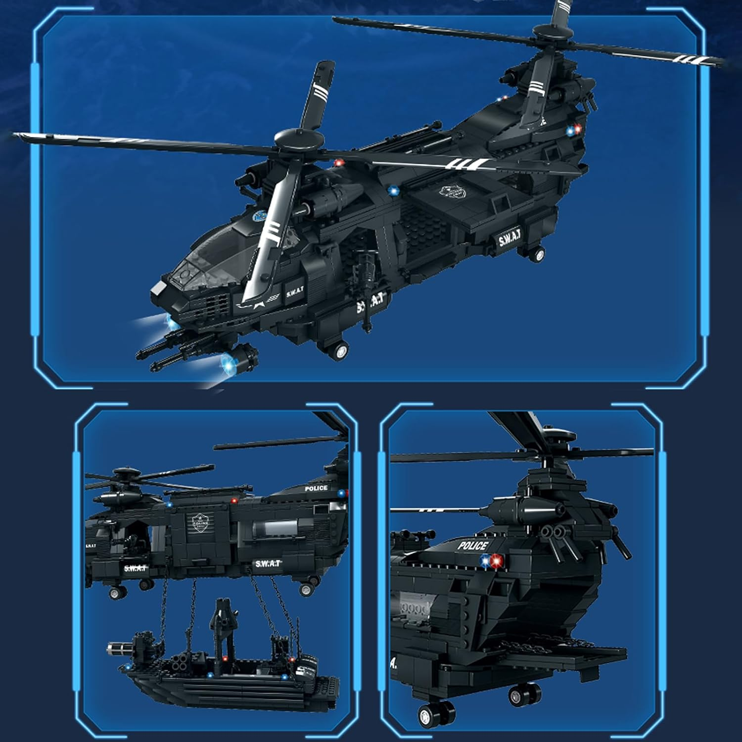 WOMA Pave Hawk Helicopter Building Block Set, SWAT Airplane with Warship Building Kit, 1251 PCS Military STEM Toys for Kids 6-12 image number 4