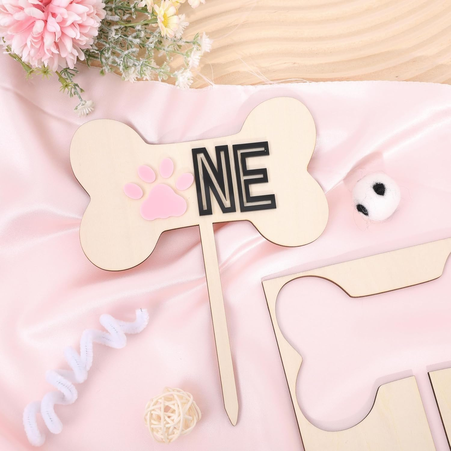 ONE Dog Bone Wooden Cake Topper &ndash; Pink Paw First Birthday Decoration &ndash; Rustic Cake Sign for Baby or Pet-Themed Party &ndash; 7 Inch image number 4