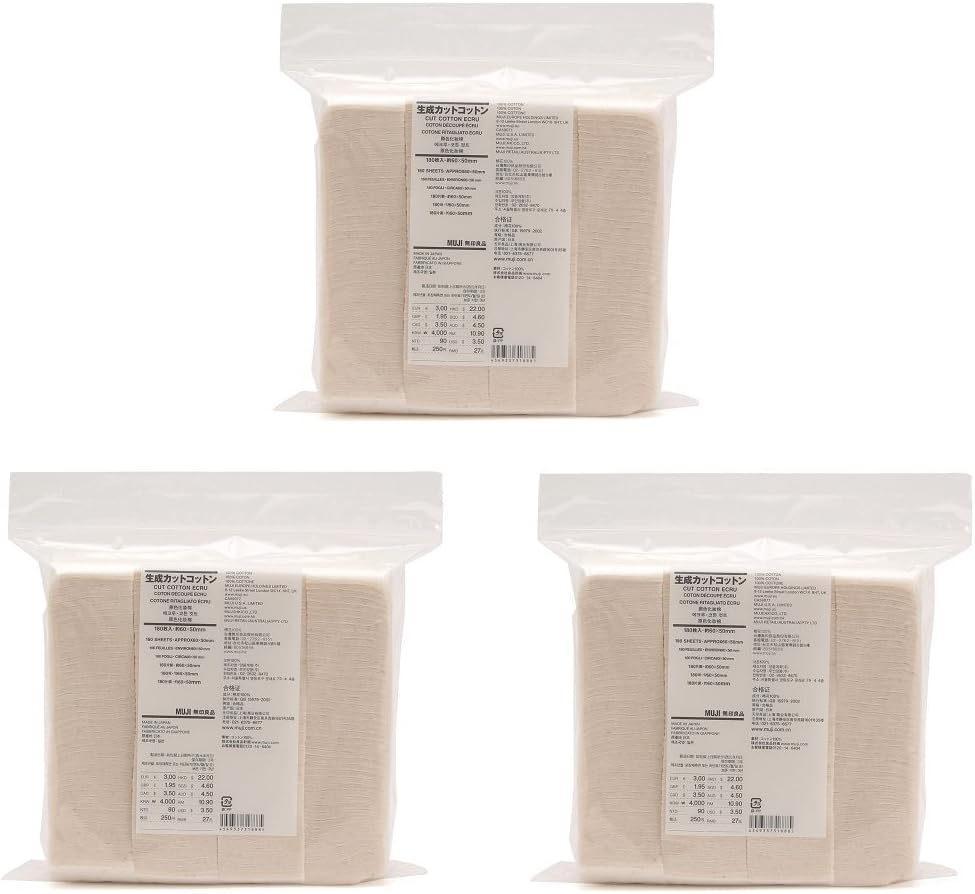 MUJI Makeup Facial Soft Cut Cotton Unbleached 60X50 Mm 180Pcs (3 Pack Sets)