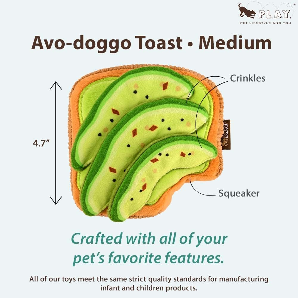 P.L.A.Y. Cute Plush Dog Toys - Brunch Food Themed Durable Squeaker Chew Toy, Great for Puppies & Small, Medium, Large Dogs - Machine Washable, Recycled Materials (Avo-Doggo Avocado Toast, Medium) image number 4