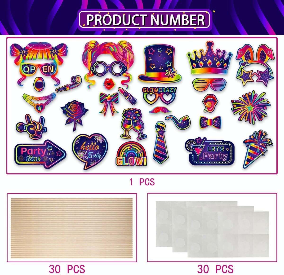 Buziba 30Pcs Glow Neon Photo Booth Props with Stick Neon Theme Selfie Props Party Decoration for Birthday Glow in the Dark Disco Black Light Party Supplies