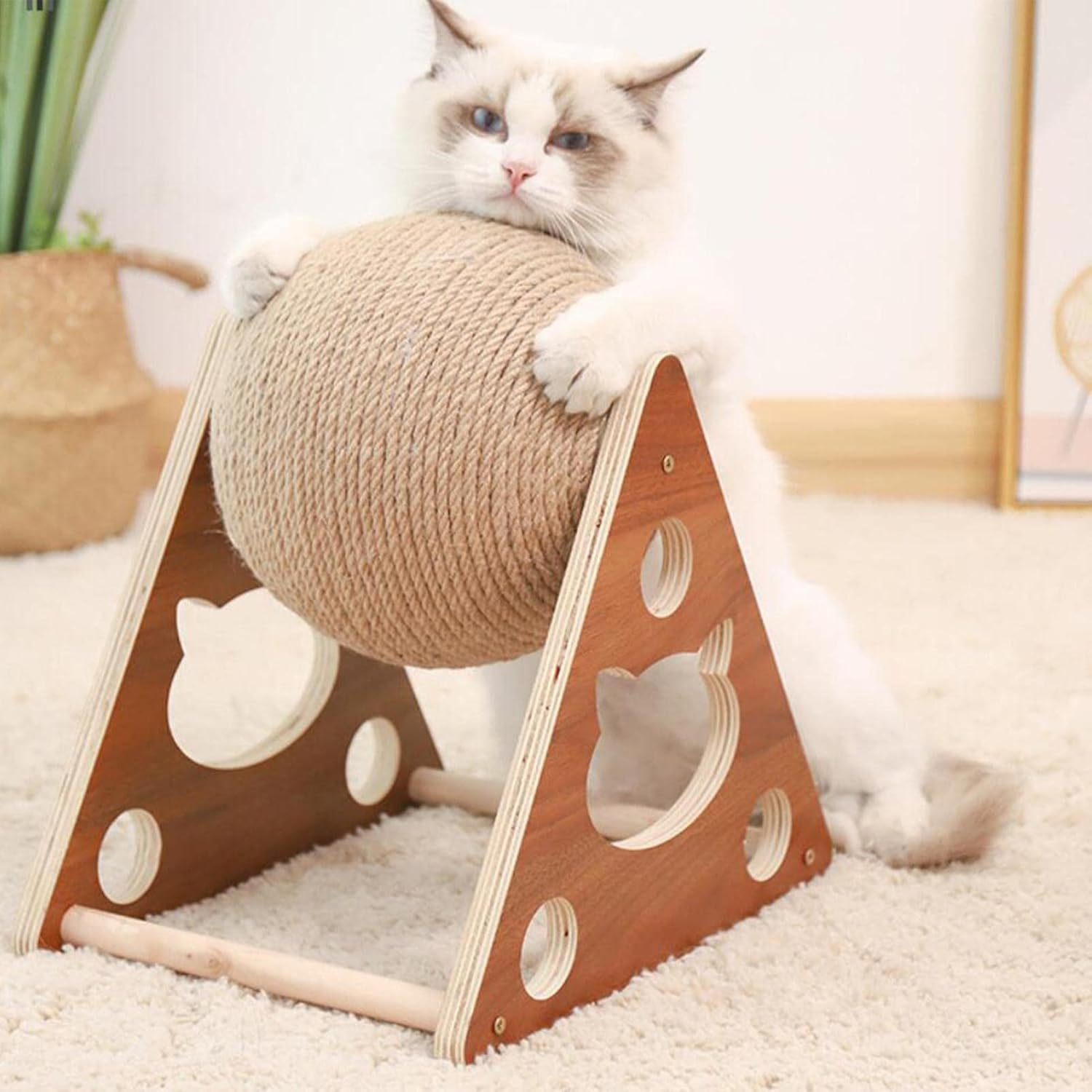 Cat Scratcher Toy Ball - Natural Sisal Cat Scratching Ball,Cat Scratching Ball for Cats & Kittens, Interactive Solid Wood Scratcher Indoor Cats Toy for Small Medium Pet Cat 通用