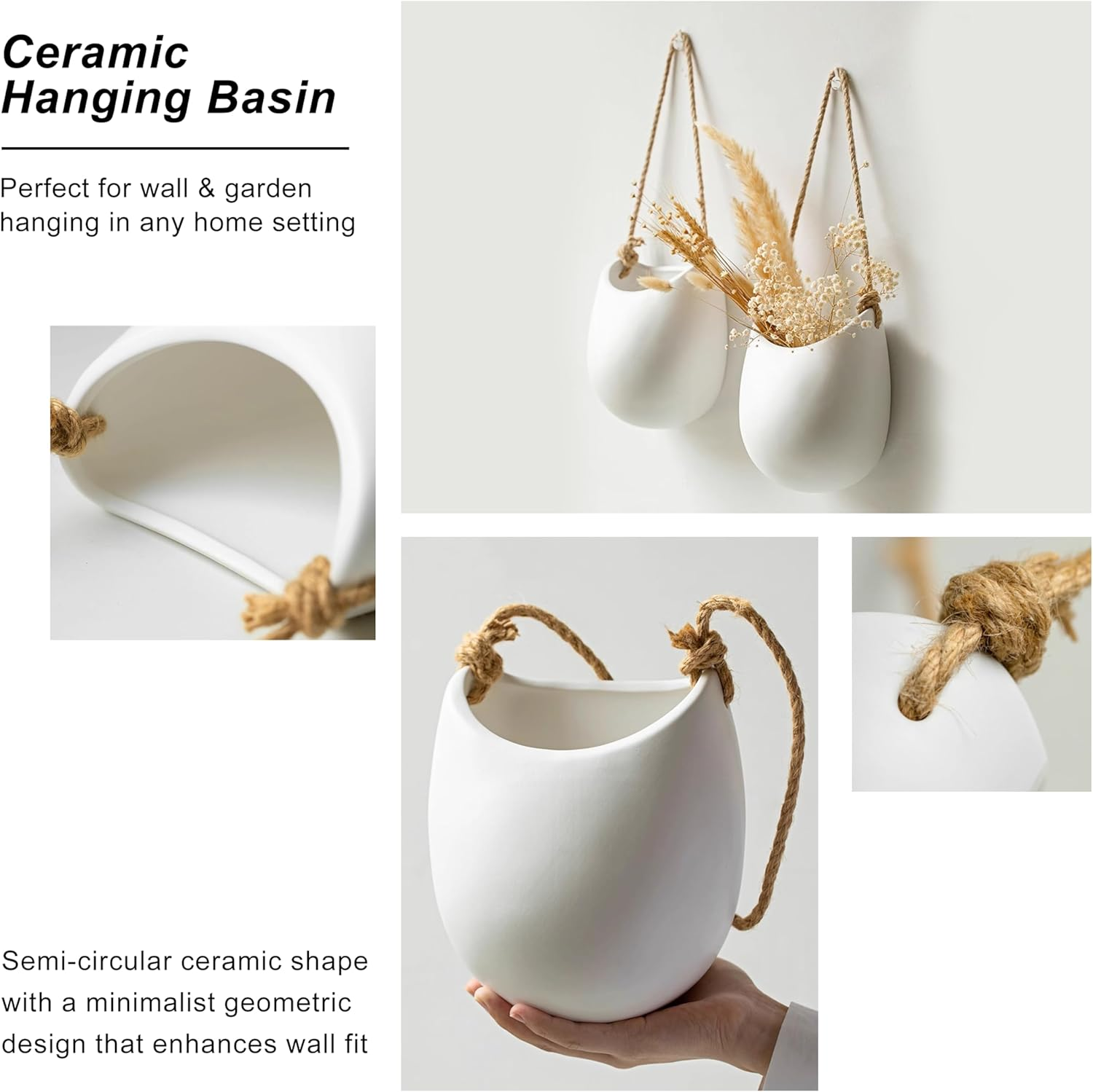 ONEIN Wall Planters Hanging Ceramic Plant Pots 2 Pieces, Hanging Planter Wall Decoration for Indoors, Balcony and Garden - White (Matte)