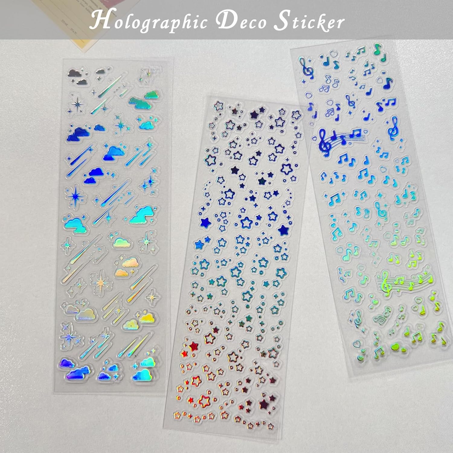 Holographic Kpop Deco Stickers, 24 Sheets Korean Self Adhesive Clear Glitter Star Moon Butterfly Bubbles Decals for Album Photocards Scrapbook Journal Planner DIY Decoration image number 1