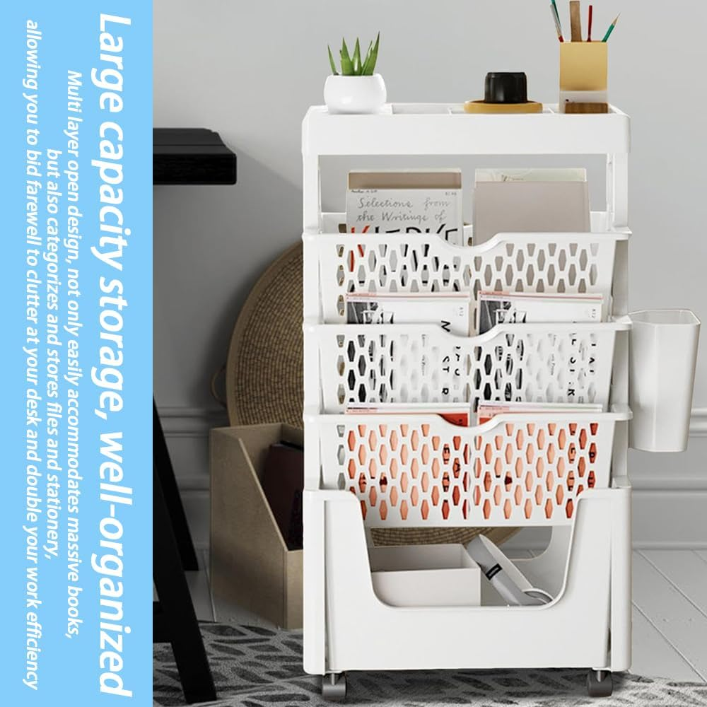 Moveable Bookshelf on Wheels, 5-Tier Mobile Book Shelf Space-Saving Rolling Cart Storage, Utility Organizer for Living Room Home Classroom School (White) image number 5