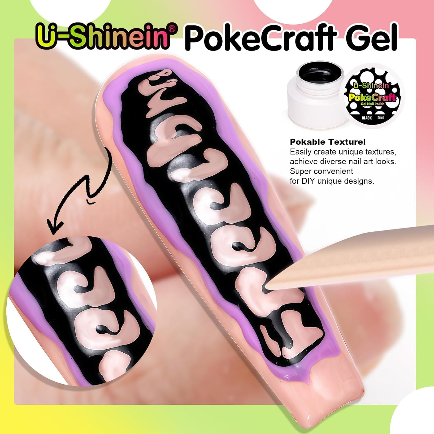 U-Shinein Multi-Functional White&Black Gel Nail Polish Set, with Base Coat&Orange Wood Nail Sticks Kit, Blooming Gel Spreading Magic Blossom Effect Pokecraft Gel Nail Polish Lace Patterns Manicure DIY - Whiteblackbase Coatwood Stick image number 6