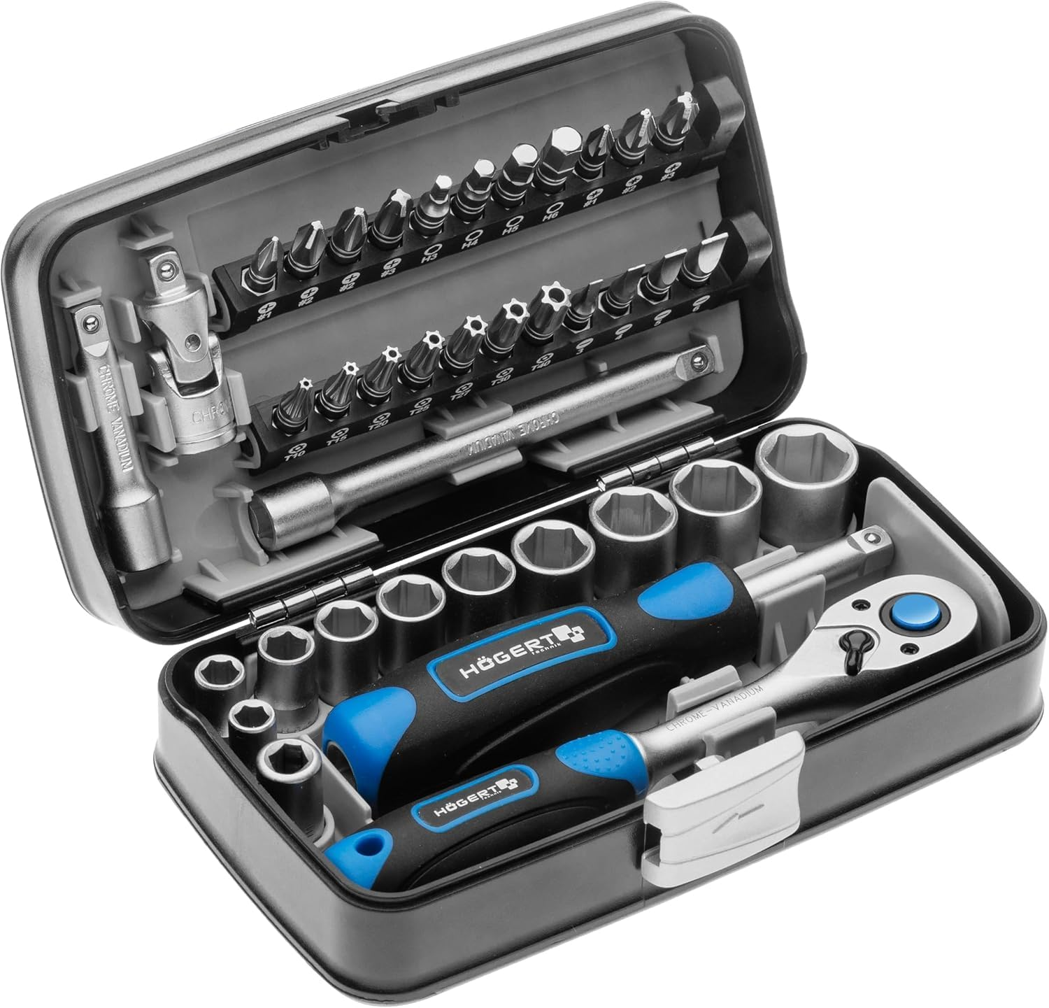 H&ouml;gert Tool Set Tool Box - Tool Set Tool Tools Socket Spanner Set Screwdriver Ratchet - Black/Blue, 1/4 Inch, HT1R462, 38 Pieces image number 2