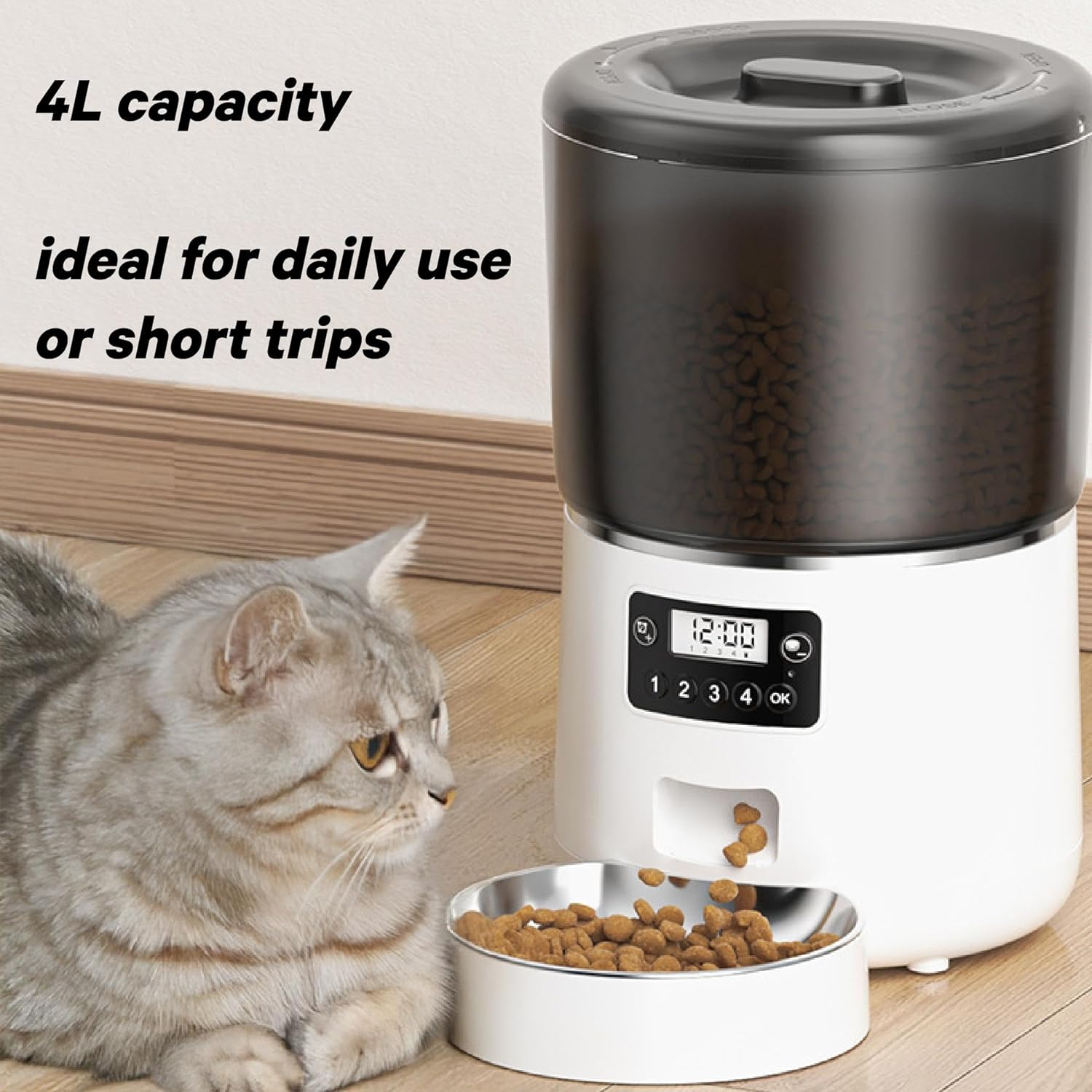 Automatic Cat Feeder, 4L Timed Cat Food Dispenser for Cats & Dogs, Programmable 1-4 Meals/Day, 1-9 Portions/Meal, Stainless Steel Bowl, Reliable Pet Feeder for Fresh & Flexible Feeding image number 4