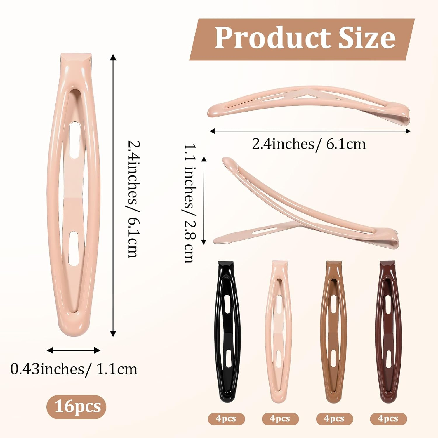 16 Pcs Metal Snap Hair Clips for Women, Non-Slip Hair Barrettes for Thick and Thin, Stylish Hairs Accessories (Black, Dark Brown, Light Brown, Beige, 2.4 X 0.43 Inches)