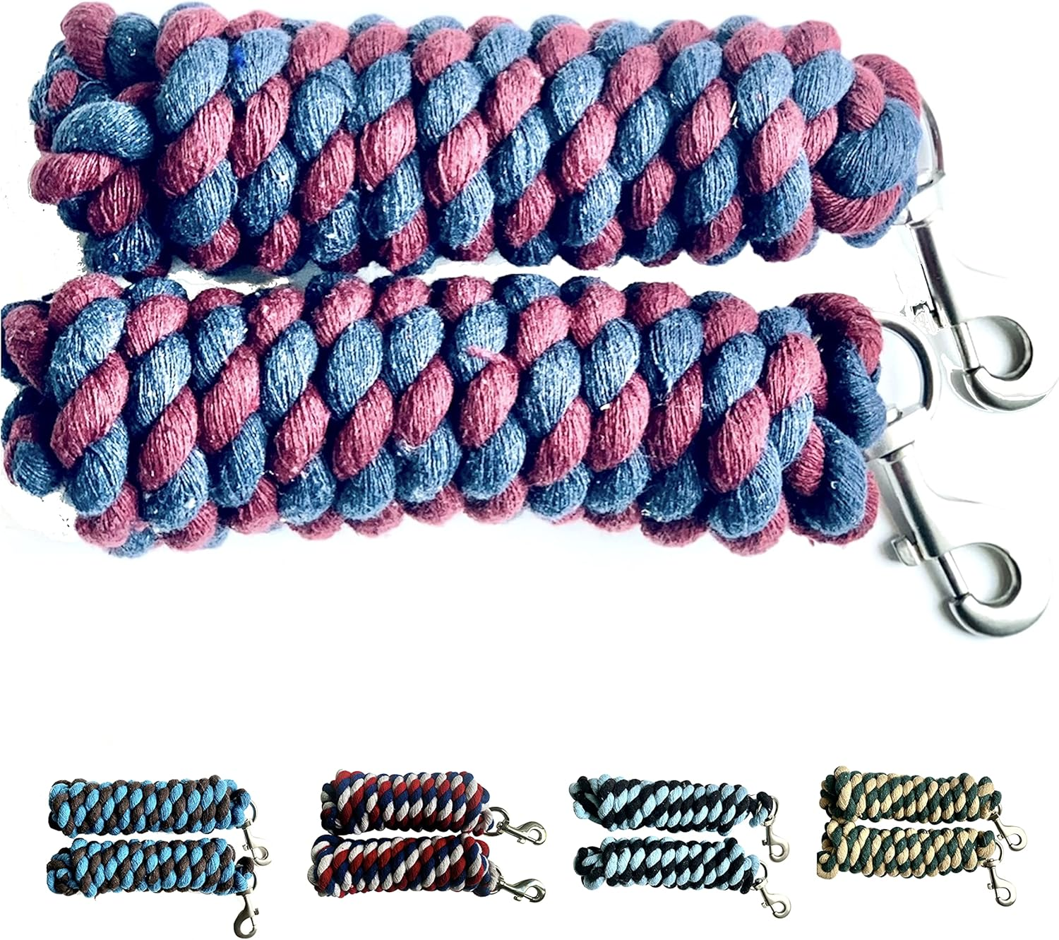 Majestic Ally Pack of 2 Solid Cotton Lead Rope for Horses & Livestock &ndash; 10 Foot Long and 5/8 Inch Thick - Replaceable Heavy-Duty Satin Bolt Snap &ndash; Handmade &ndash; Soft, Broken in Feel (Patriotic)