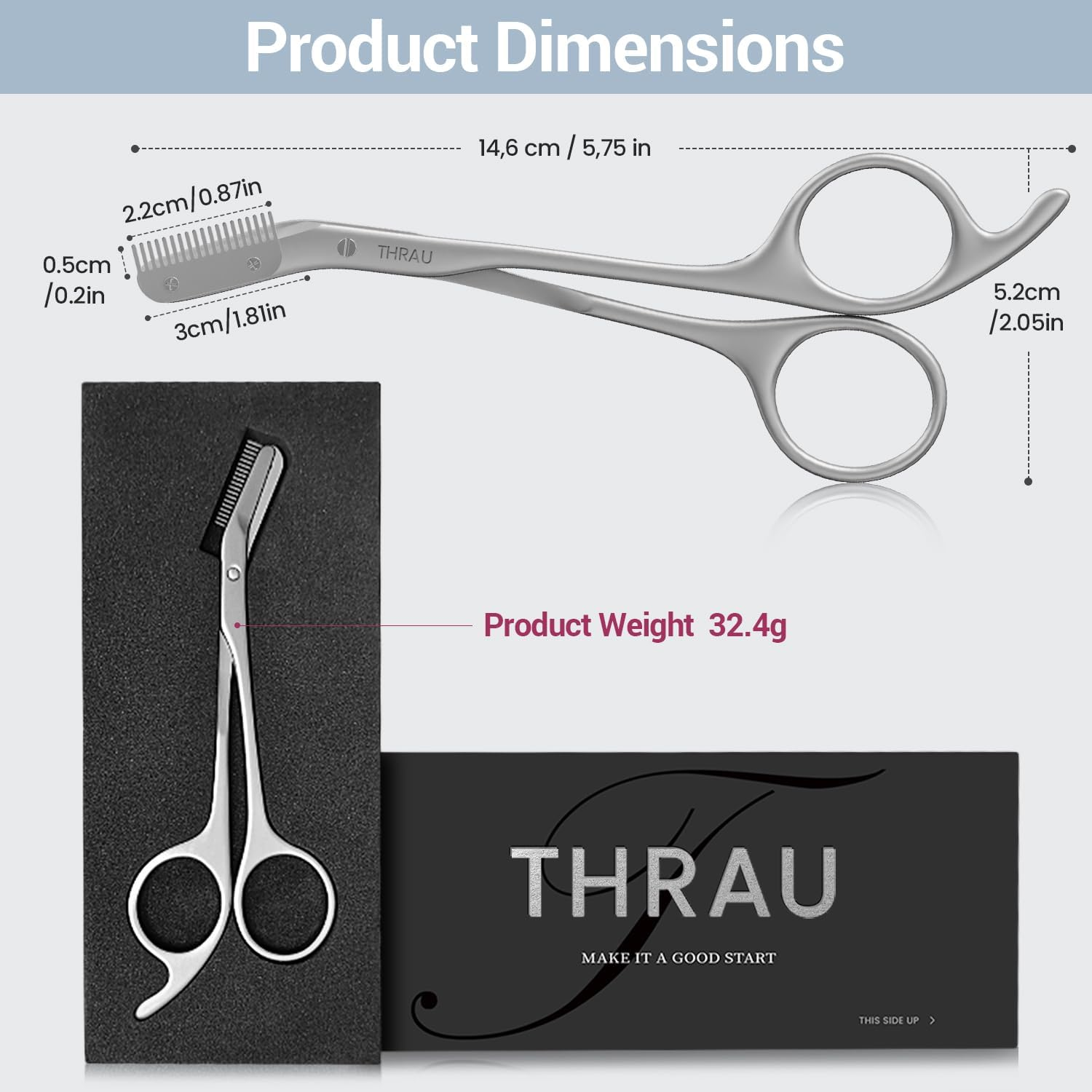 THRAU Eyebrow Scissors with Comb, Stainless Steel Precision Eyebrow Trimmer for Women, Safety Guard for Beginners, Mini Scissors and Grooming Kit for Home or Travel image number 1