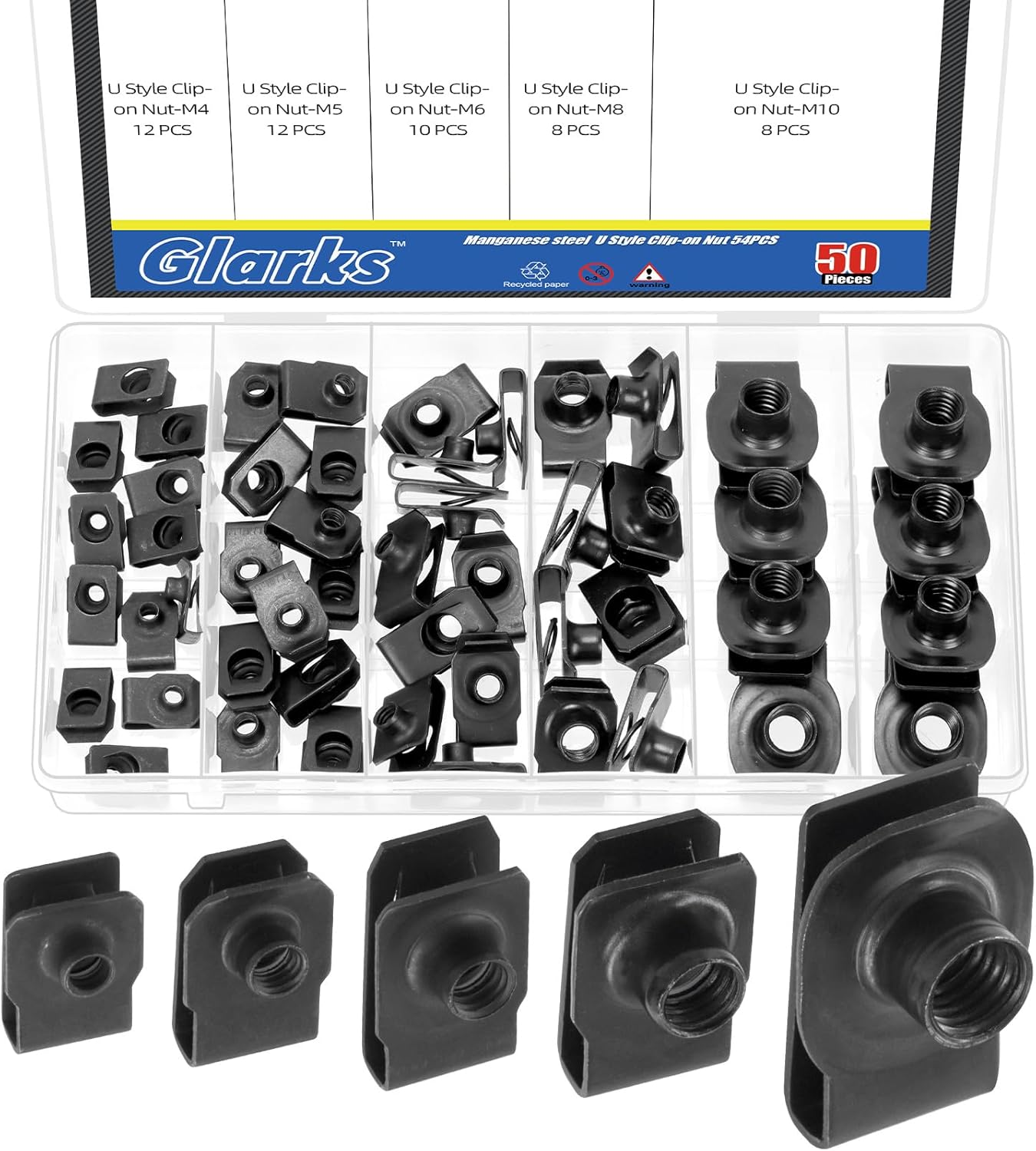 Glarks 50Pcs M4 M5 M6 M8 M10 U-Style Clip-On Nuts Set, Black Carbon Steel Thread Clip Nut, U Nuts Clamp Set, U-Shaped Nut, Automotive U-Clips for Engine, Fender, Bumper, Dash, Interior Trim Panels