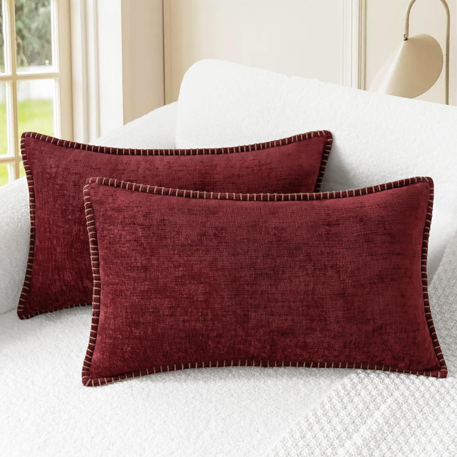 Calitime Christmas Throw Pillow Cases Pack of 2 Cotton Thread Stitching Edges Solid Dyed Soft Chenille Cushion Covers for Couch Sofa Home Farmhouse Decoration 12 X 20 Inches Burgundy image number 7