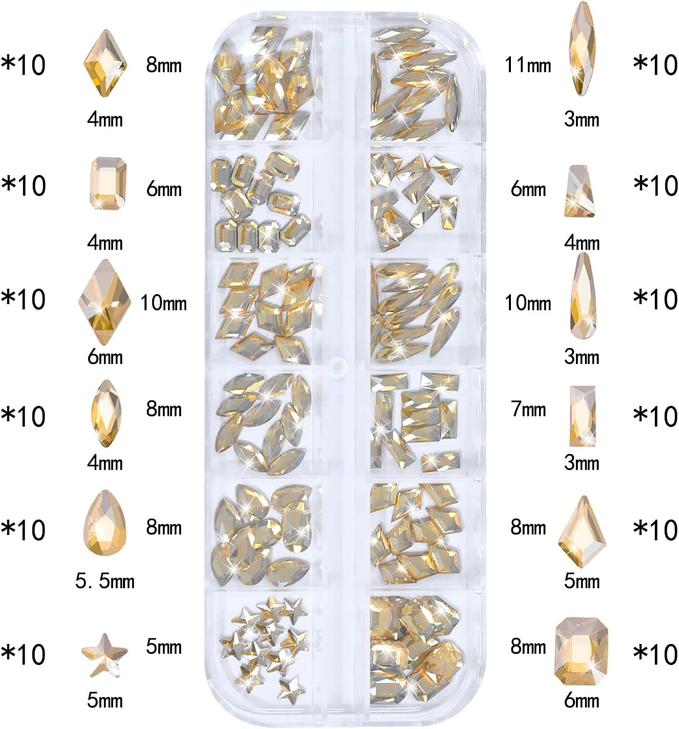 HNUIX Nail Rhinestones - 3D Multi Shape Size Crystal, Champagne Gold Nail Gems, Flat Back, with Kit, for Nail Art, DIY Decorations image number 5
