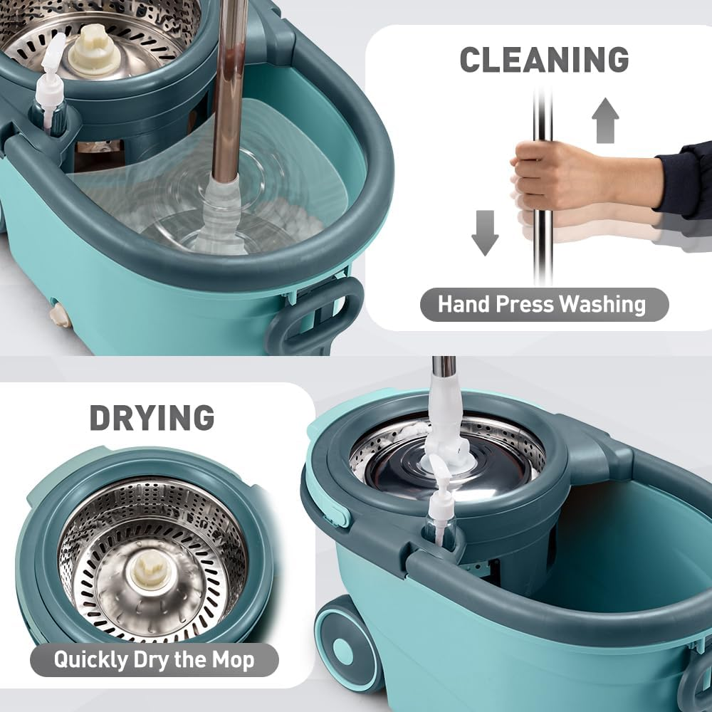 ZUNI 360&deg; Spin Mop and Bucket Set with 3 Microfiber Replacement Head Refills, Wet Dust Mop Set with Adjustable Stainless Steel Handle, Spinning Mop Bucket for Home Cleaning, Green - Green image number 2