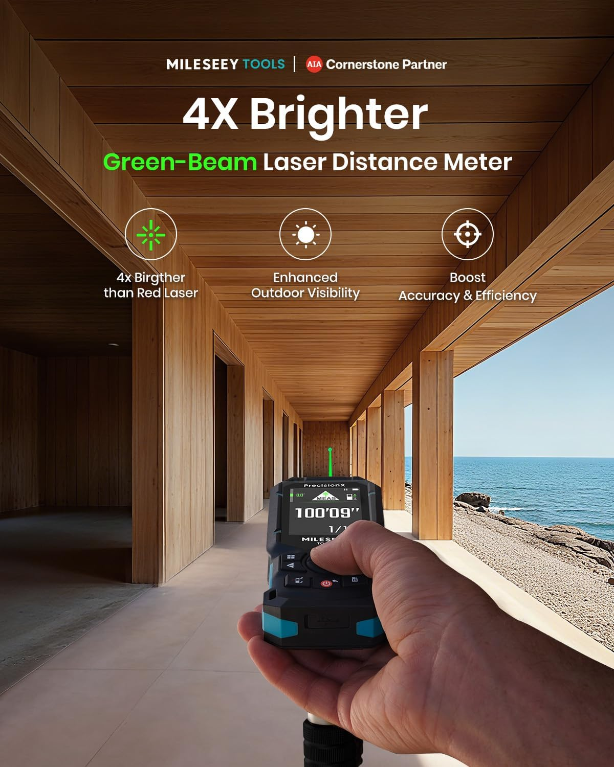 Mileseey S50 Green Laser Distance Meter &ndash; 400Ft Measurement Tool with Level, &plusmn;1/16" Accuracy, Ft/In 8 Units, Pythagorean/Area/Volume, P2P, 2.4" Backlit Display, IP54 for Construction, Home Improvement
