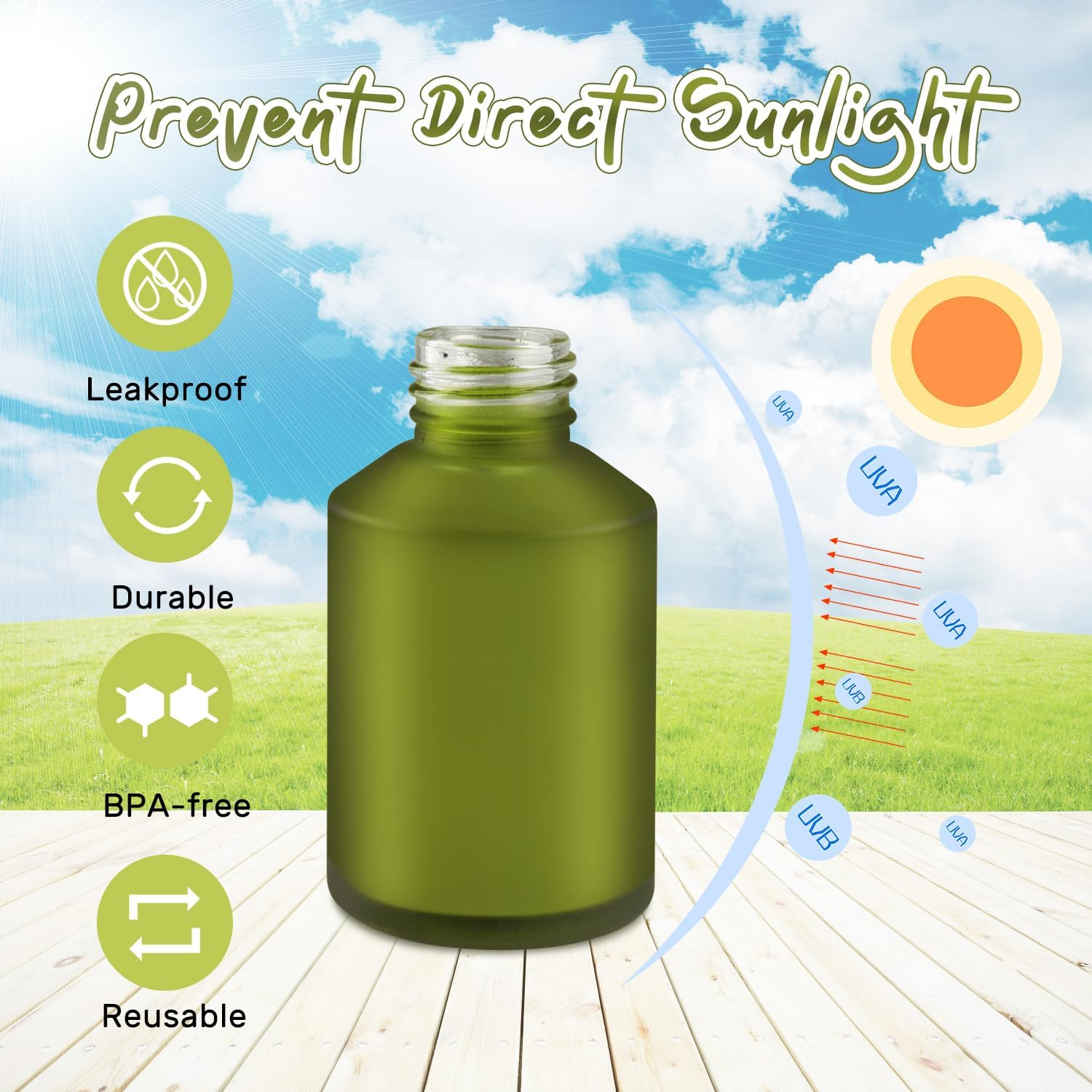 BOSMIOW 5 Pieces 60Ml/2Oz Empty Green Glass Lotion Pump Bottles,Refillable Essential Oil Jars with 1 Funnel and 1 Pipette,Cosmetic Sample Containers for Foundation,Cream,Gel,Shampoo image number 4