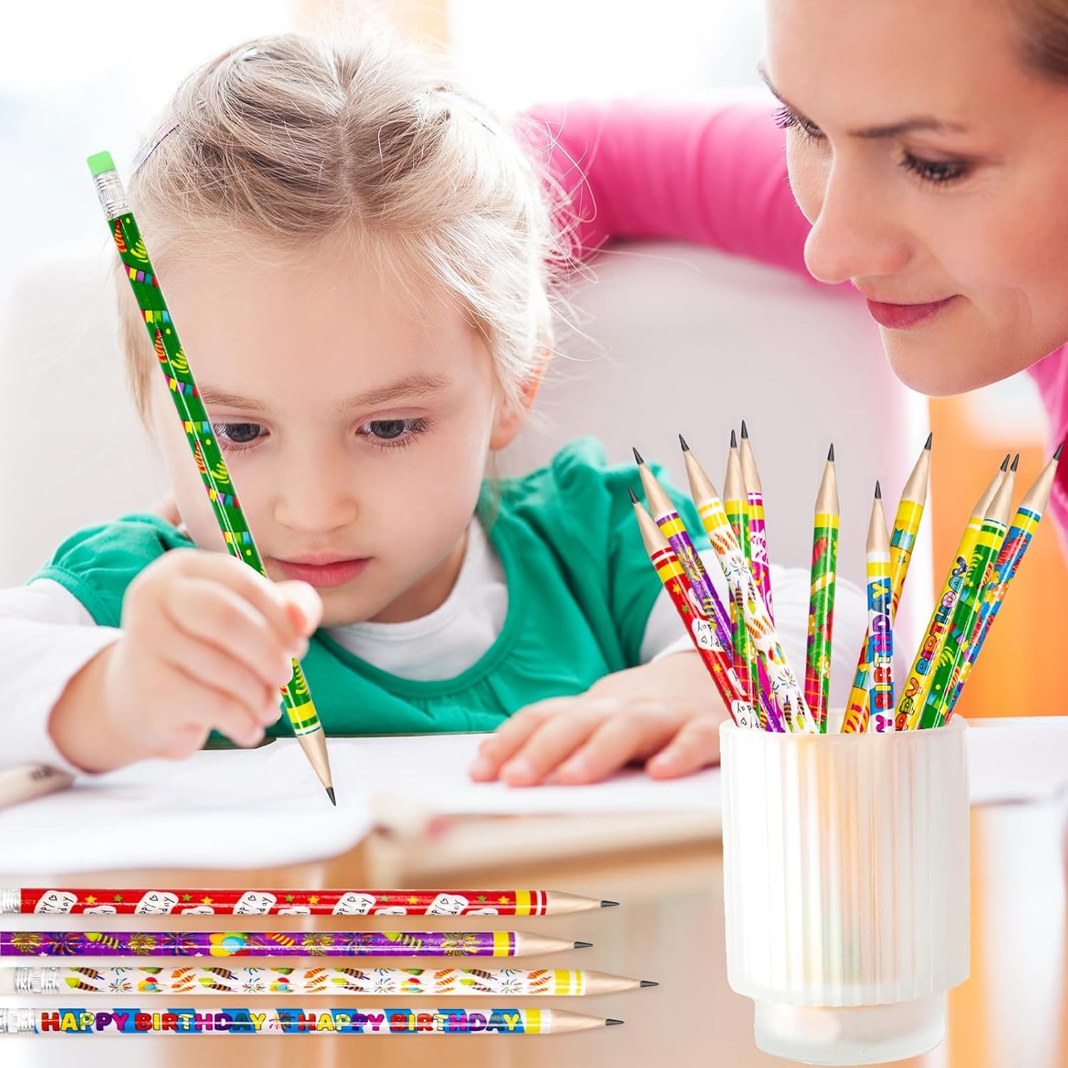 Happy Birthday Pencils 50PCS Wooden Pencil with Eraser Classroom Teacher Award for Kids image number 4