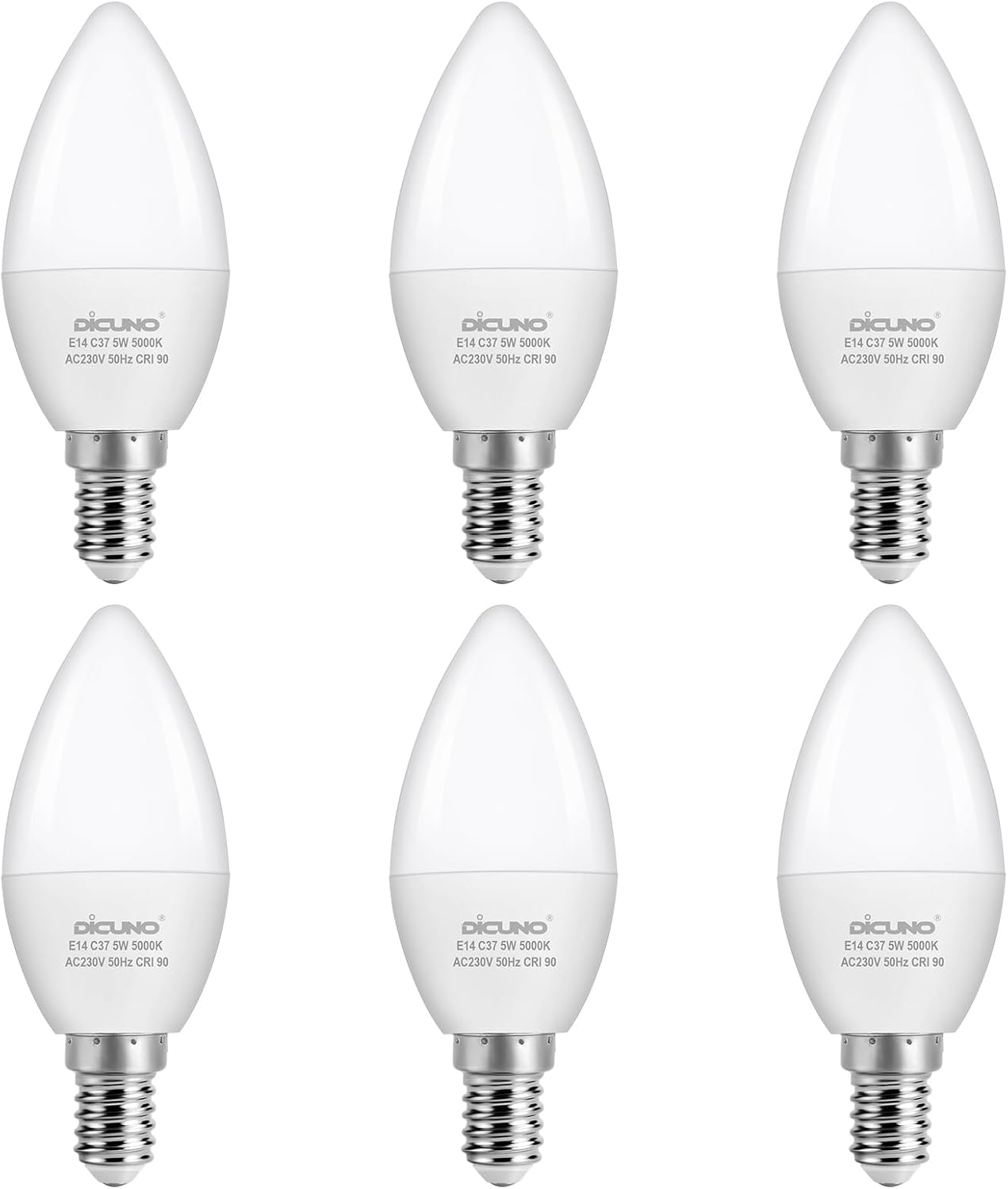 Dicuno E14 Bulb, 5W Small Edison Screw Candle Light Bulbs, 550LM, 50W Incandescent Equivalent, Warm White 2700K, CRI90, SES C37 E14 LED for Chandeliers, Pack of 6