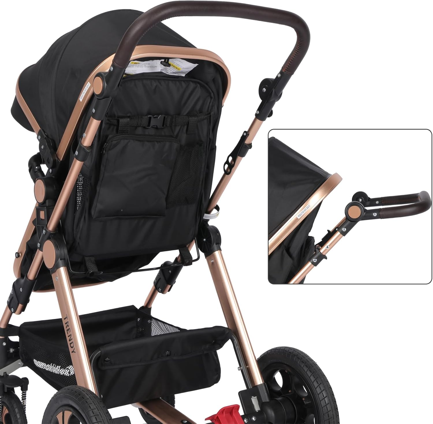 Mama Kiddies Trendy Black Gold Convertible 2In1 Aluminium Alloy Pram Stroller Bassinet Rain Cover, Foot Cover, Cup Holder, Inner Cushion, Mosquito Net Included image number 5