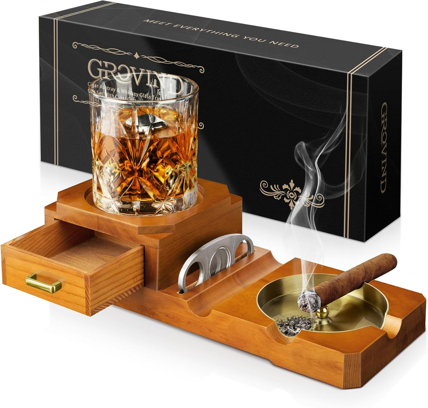 Grovind Cigar Ashtrays, Whiskey Glass Tray and Wooden Ash Tray Detachable Outdoor Ashtray for Cigarettes, Gift Set with Cigar Cutter, Great Decor for Home Office Gifts for Men