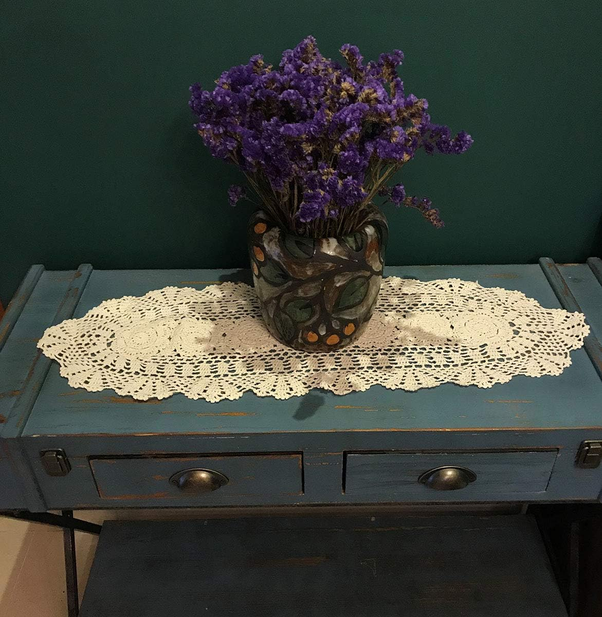 Janef Beige Handmade Crochet Cotton Table Runner Lace Doilies Doily Oval Dresser Scarves,11.8 by 35 Inches. image number 3