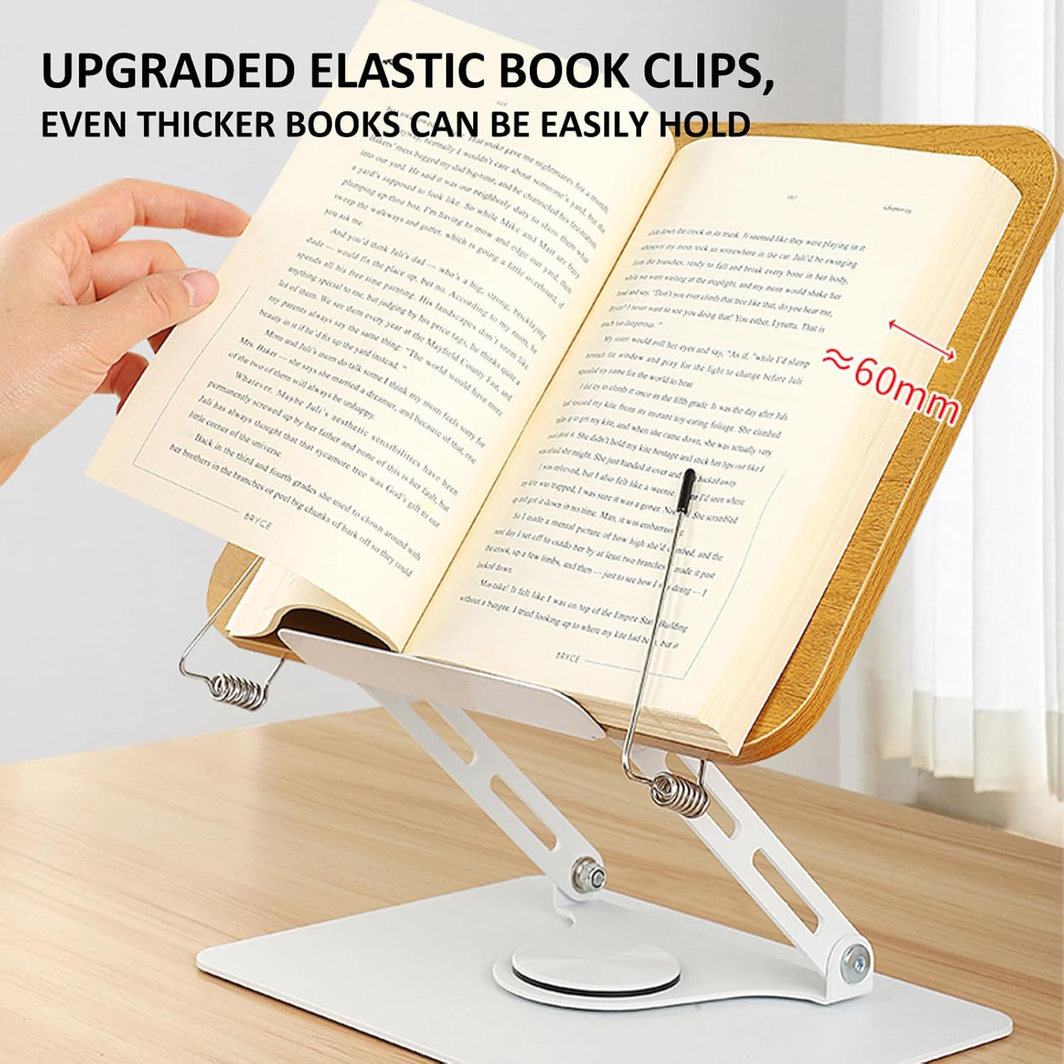 Book Stand for Reading, Adjustable Book Holder with 360&deg; Rotating Base, Foldable Cookbook Stand Recipe Book Holder with Elastic Page Clips for Music Scores, Recipe, Magazines, Tablet, Laptops (Silver) image number 3