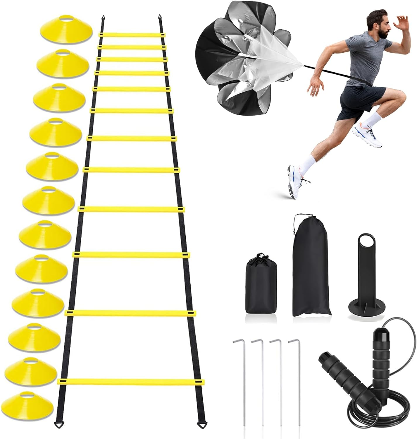 Speed Agility Training Equipment Set, 20Ft Agility Ladder,12 Soccer Cones, Jump Rope, Running Parachute, Basketball Football Soccer Training Equipment for Kids Youth Adults image number 1