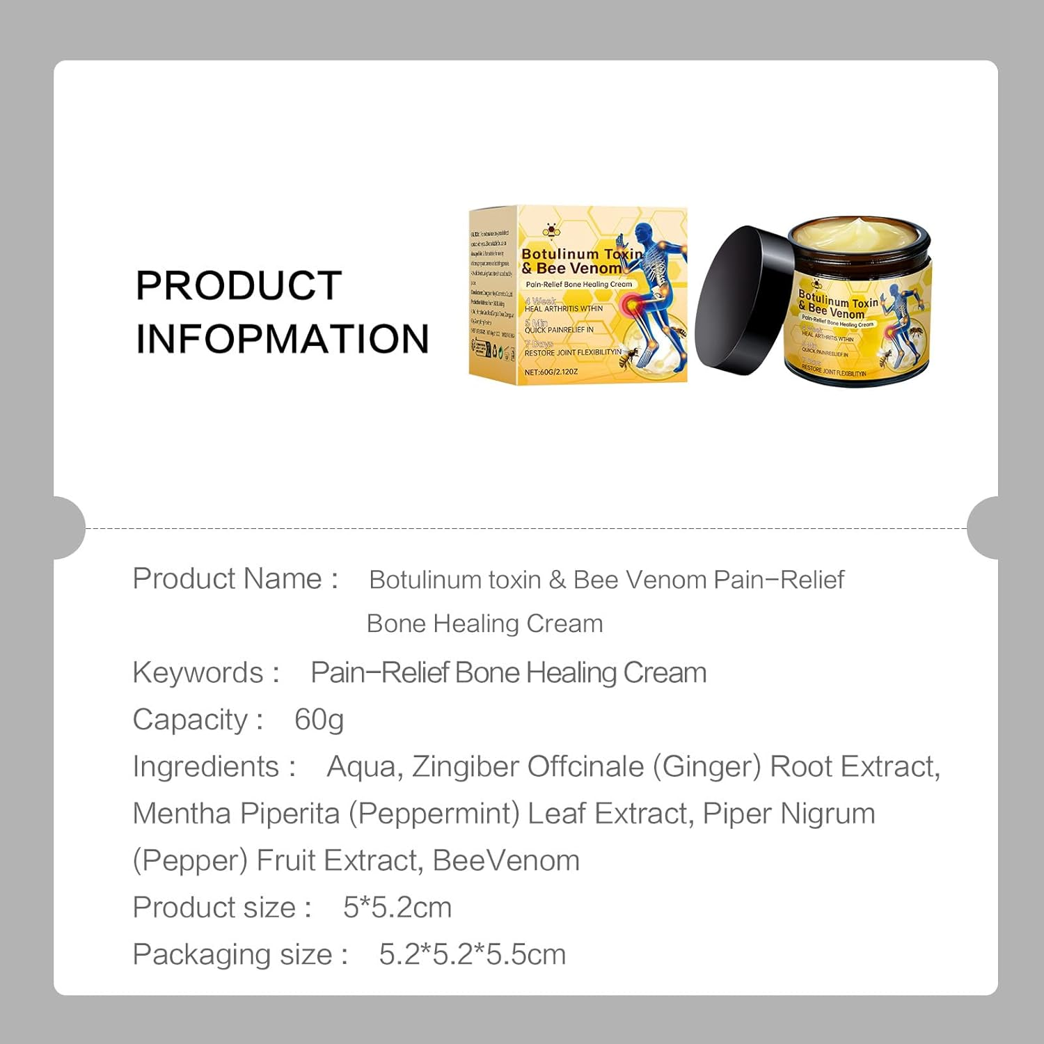 Botulinum Toxin & Bee Venom Cream Australia for Back, Neck, Hands, Knee(60G/1Pc) image number 2
