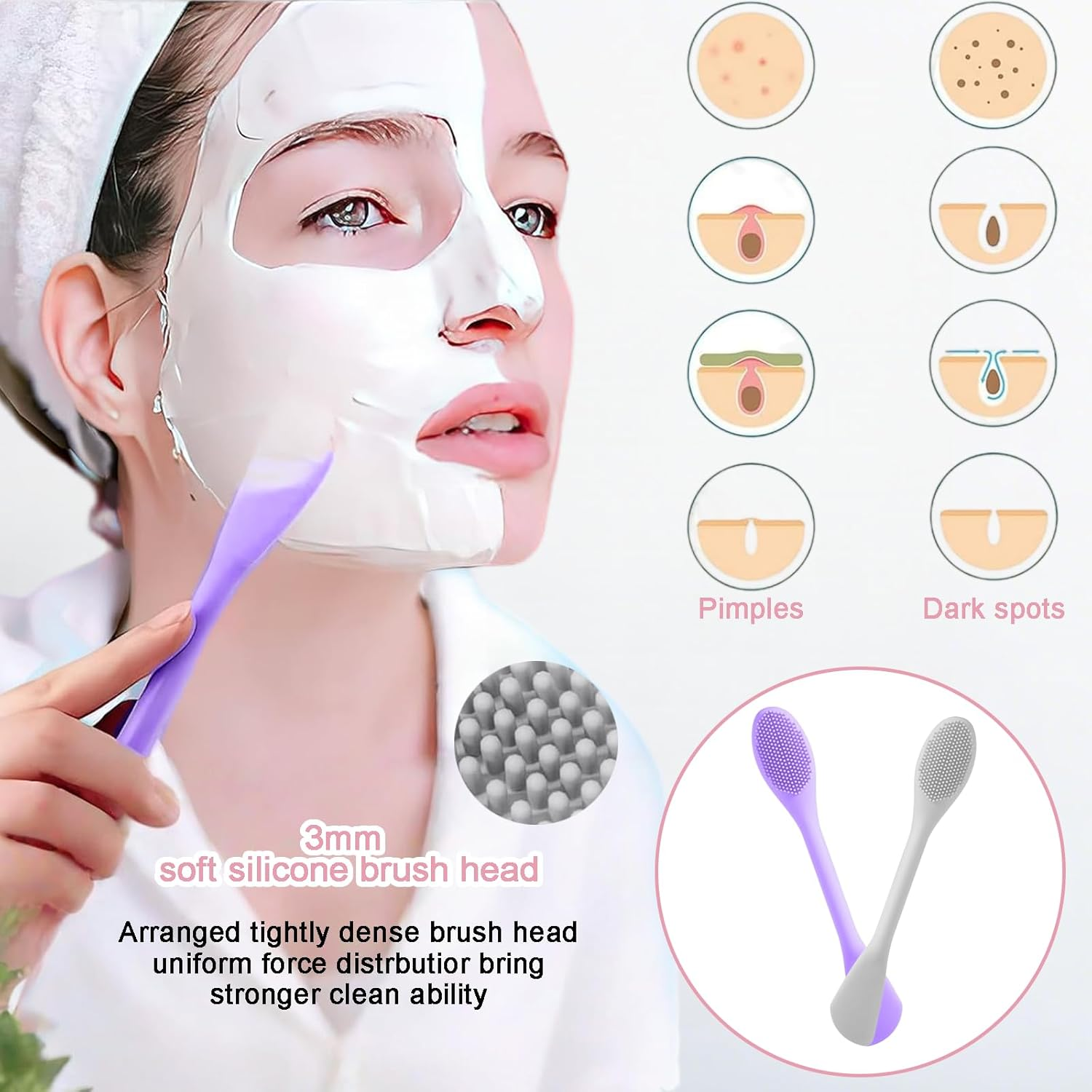 2 Pcs Pore Cleaning Brush, 2 in 1 Siliconepore Scrubber, Double-Sized Face Mask Brush Scrubber Applicator Facial Tools for Clay Mud Charcoal Face Mask (Purple+Grey) image number 5