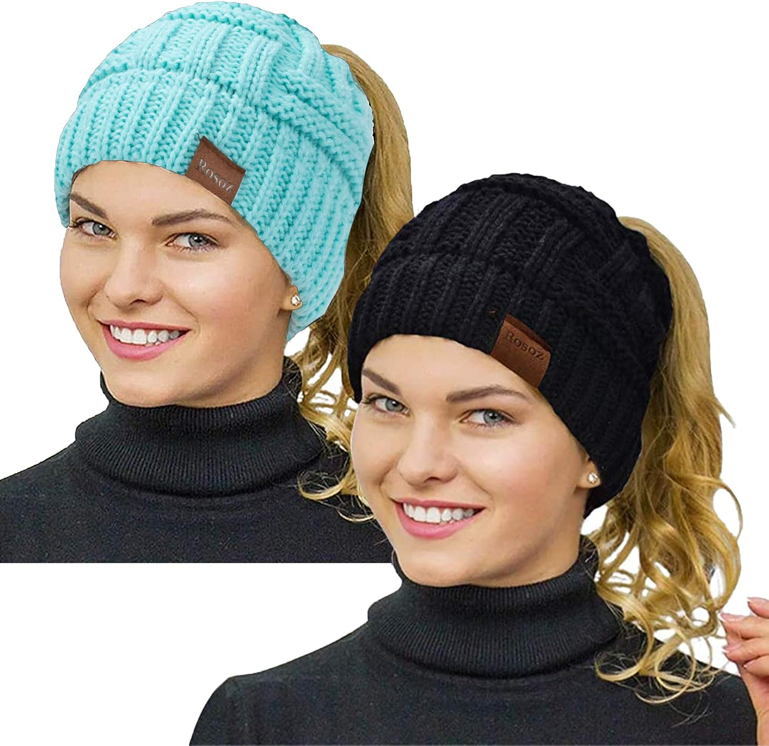 Rosoz Ponytail Beanie for Women,Winter Warm Beanie Tail Soft Stretch Cable Knit Messy High Bun Hat