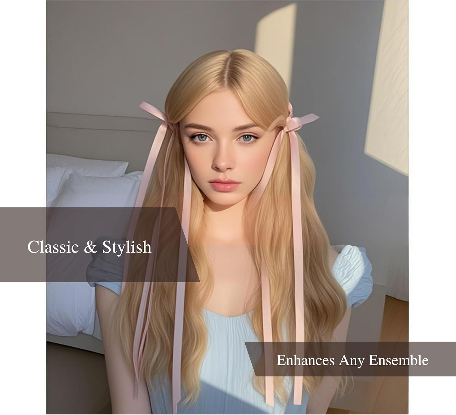 Elegant Hair Bow Clips for Women & Girls &ndash; 4Pcs Chic Satin Ribbon Bowknot Hair Accessories - Ponytail & Half-Up Styles &ndash; Stylish & Timeless Hair Bows for Any Occasion(Pink & Blue) image number 1