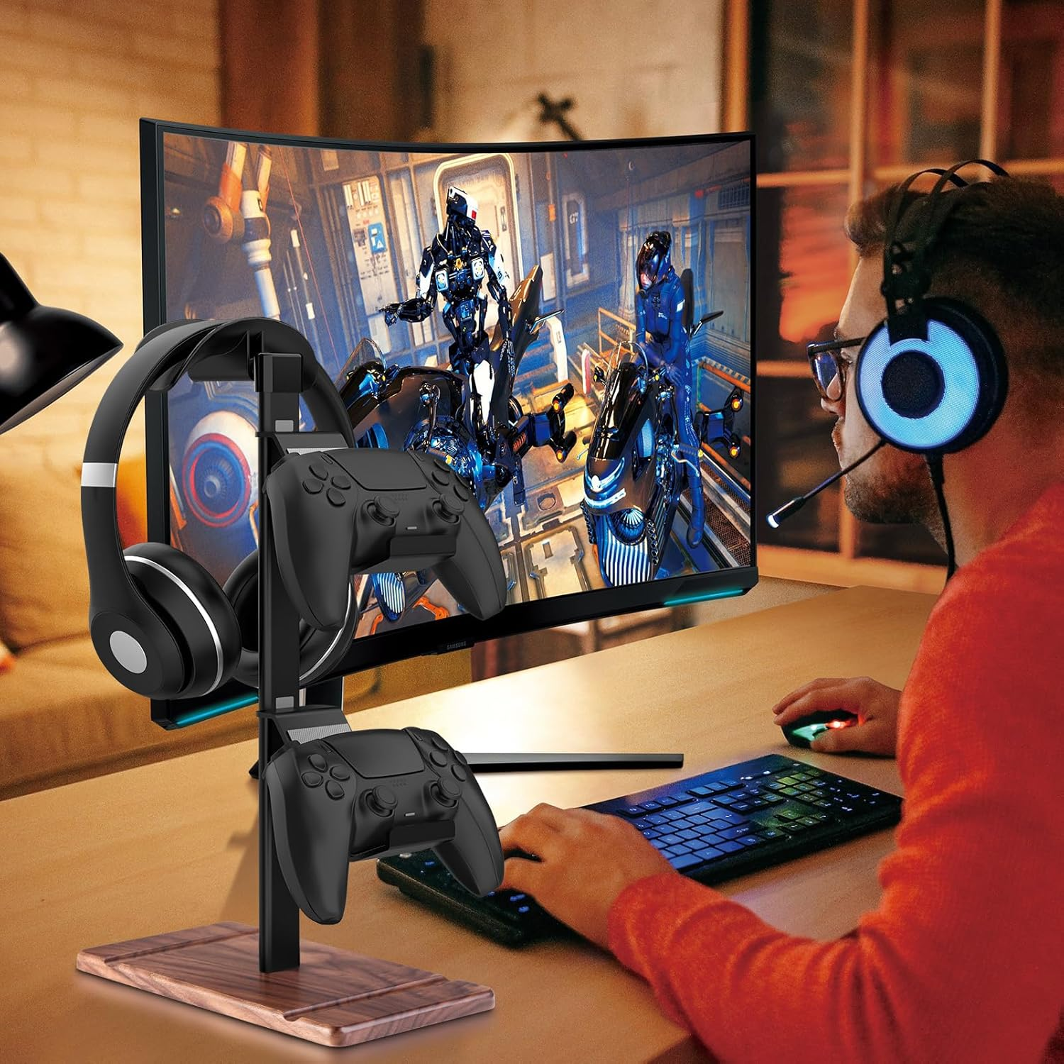 SHUOSUO Controller Holder, Walnut Wood Headphone Stand, Gaming Controller Stand for Xbox PS5 PS4 Switch, Natural Wooden Headset Holder, Universal Desk Game Accessories image number 5