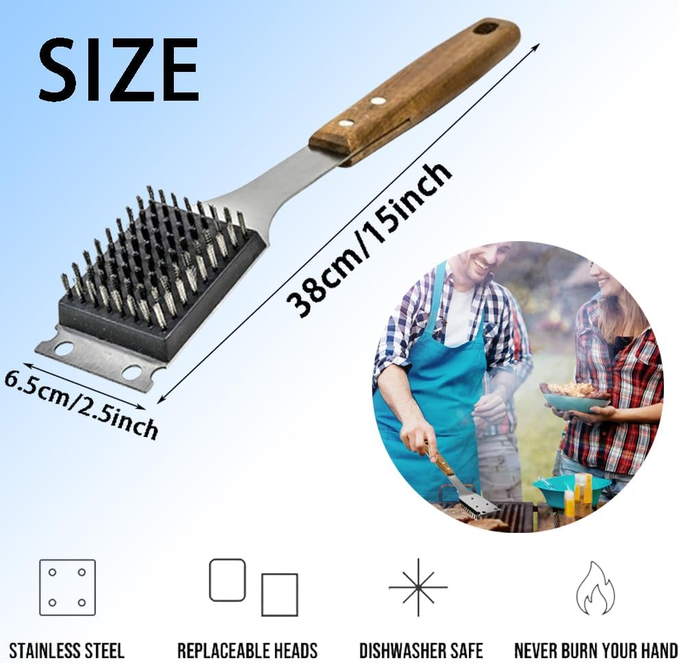 Grill Brush with Scraper and Long Wooden Handle for Safe Cleaning, Replaceable Stainless Steel Brush Hairs for Durable Use, Effortlessly Tackle Any Grill Surface image number 5