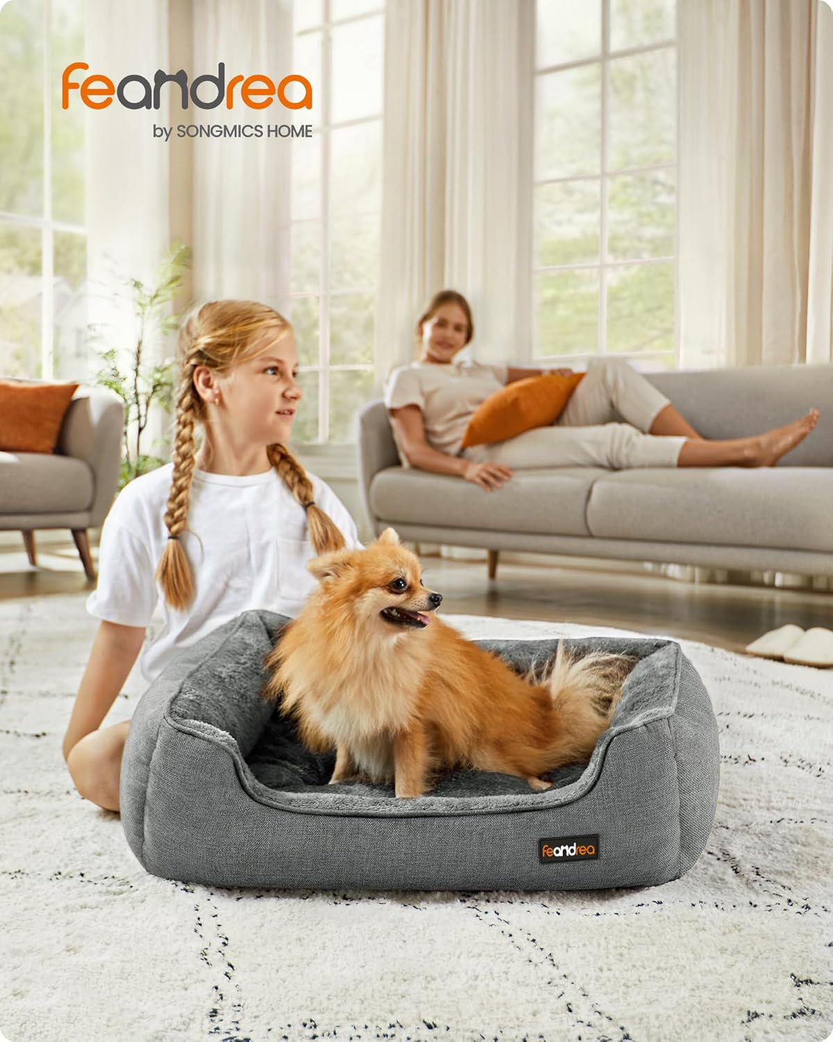 Feandrea PGW10GG Dog Bed Linen Look Dog Basket Raised Edges Non-Slip Backing Removable Washable Cover Medium for Small Dogs 70 X 55 X 21 Cm Light Grey image number 3