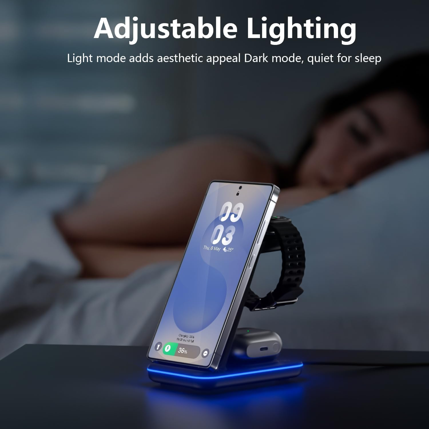 3-In-1 Wireless Charger for Samsung Cellphone and Watch, Cellphone Inductive Charging Station,Induction Charger for Samsung S25, Watch Ultra/7/6/5, Wireless Charger for Galaxy Buds(No Adapter) image number 6