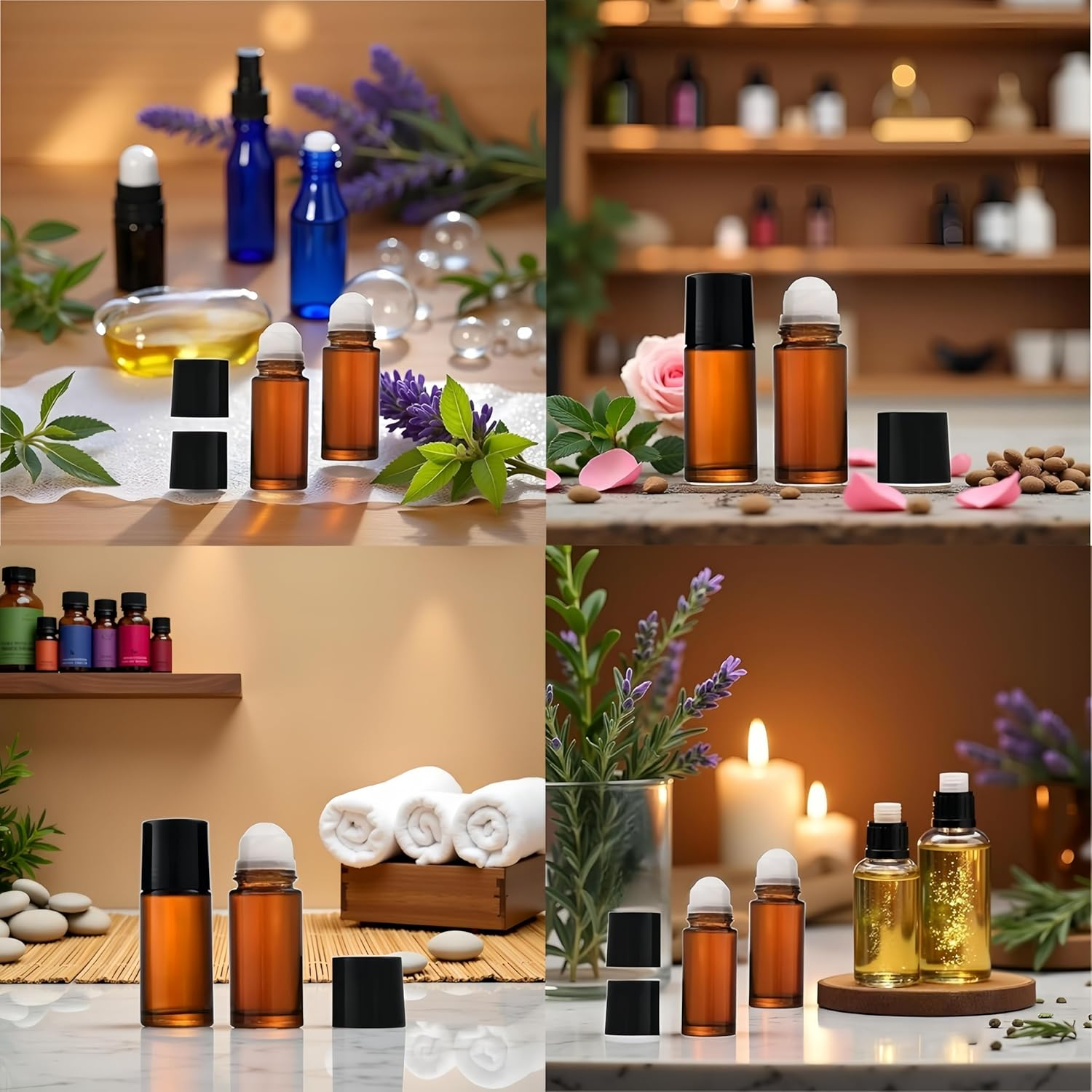 Jindizi 4PCS 30Ml Essential Oil Glass Roller Bottles, Empty Refillable Clear Roll-On Container with Pvc Balls and Lids (Amber)