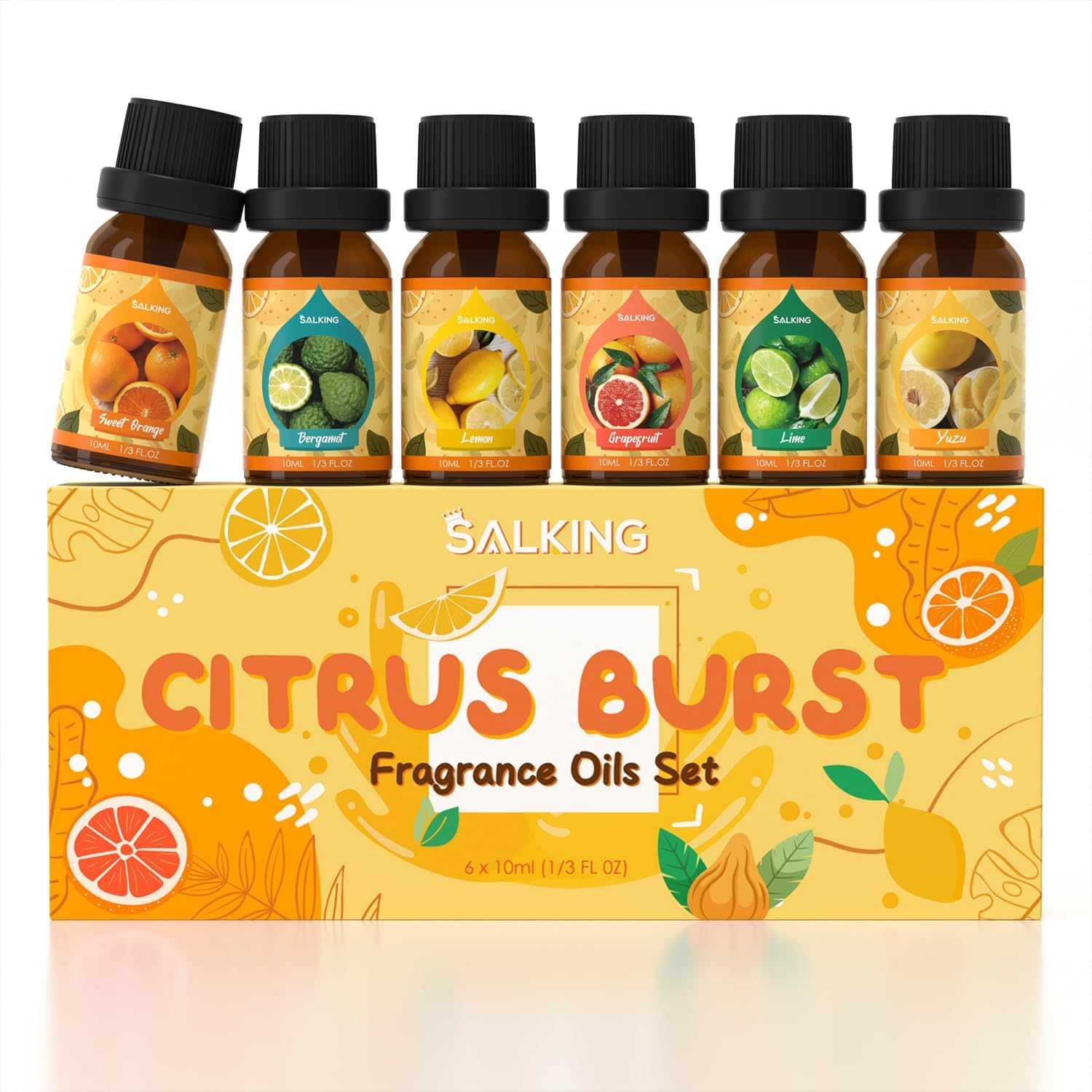 SALKING Citrus Burst Essential Oils Set, Premium Pure and Natural Essential Oils, Fragrance Oil Scented Oils Set for Oil Diffusers 6 X 10 ML - Sweet Orange, Bergamot, Lemon, Grapefruit, Lime, Yuzu