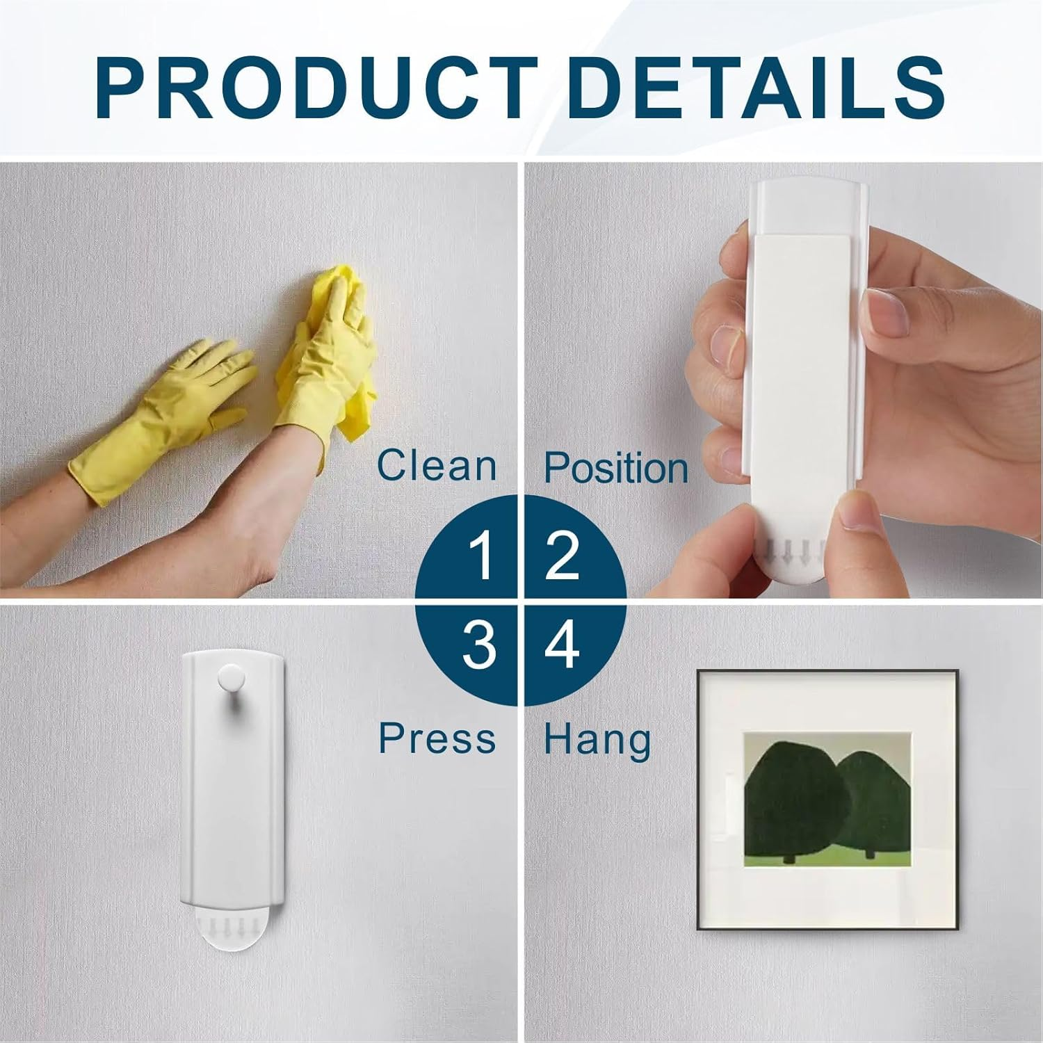 Picture Hooks, 8 Pcs Picture Hanging Strips Kits, No Nails Adhesive Hooks, Heavy Duty Sticky Hooks, Large Removable Adhesive Strips, Universal Picture Large Hangers for Kitchen Home Door Closet