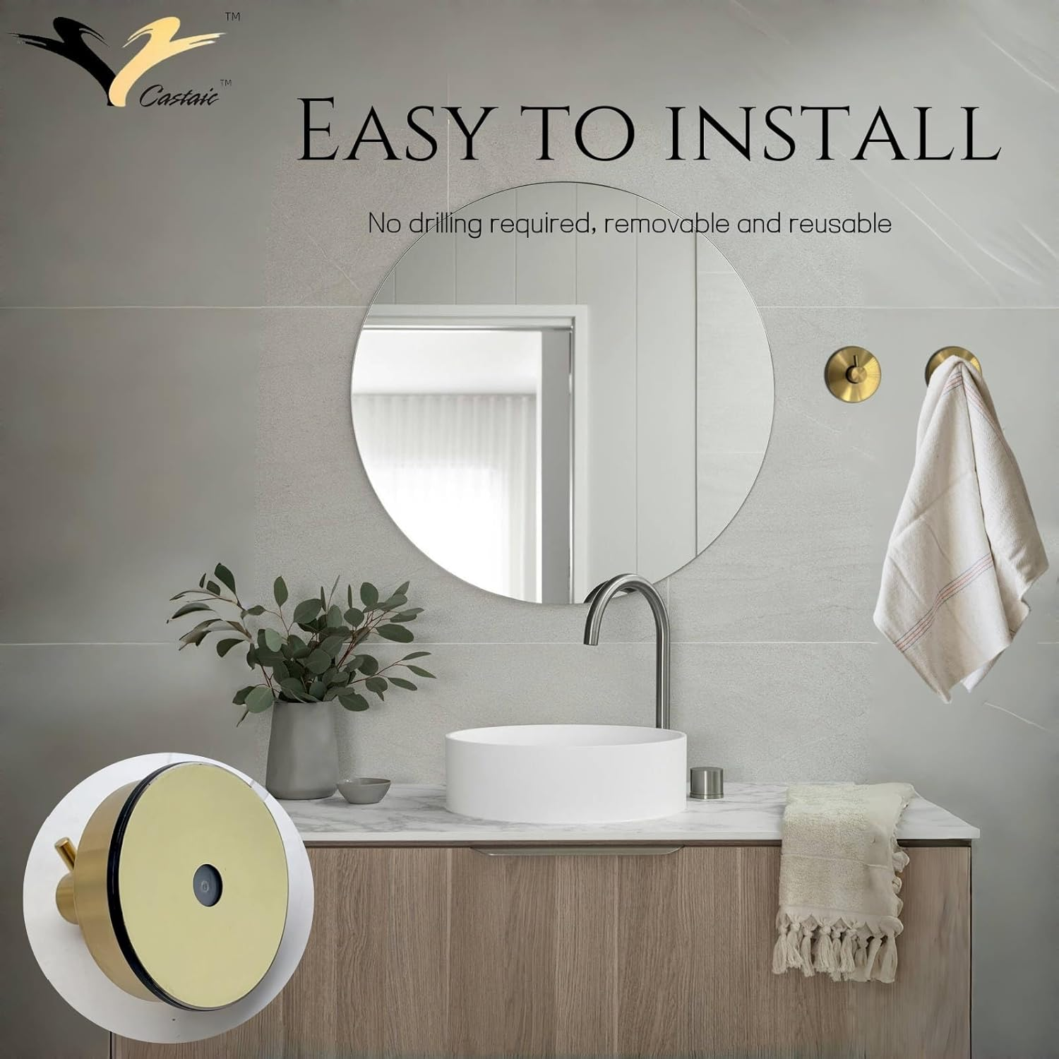 Castaic 2 Pacs Stainless Steel Suction Cup Hooks, Wall Mounted Hook for Loofah Towel, Bathroom Accessory Storage Vacuum No Drill (Gold) - Gold image number 2