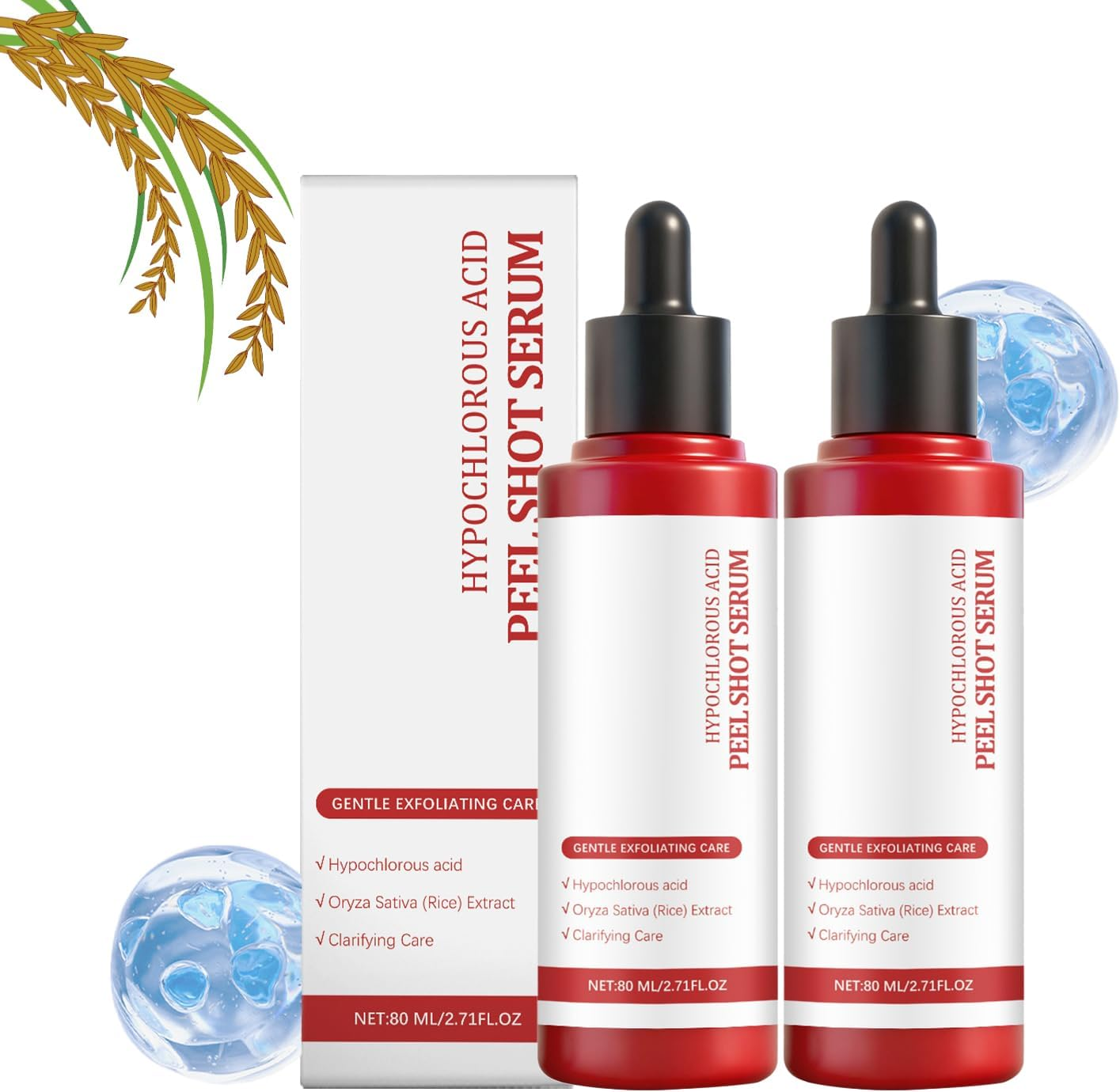 Hypochlorous Acid Rice Peel Shot Duo, Glow Rice Ampoule, Gentle Exfoliating Serum, Smoothens and Nourishes Skin for Dead Skin, Blackheads & Excess Sebum Control, Moisturizing & Pore