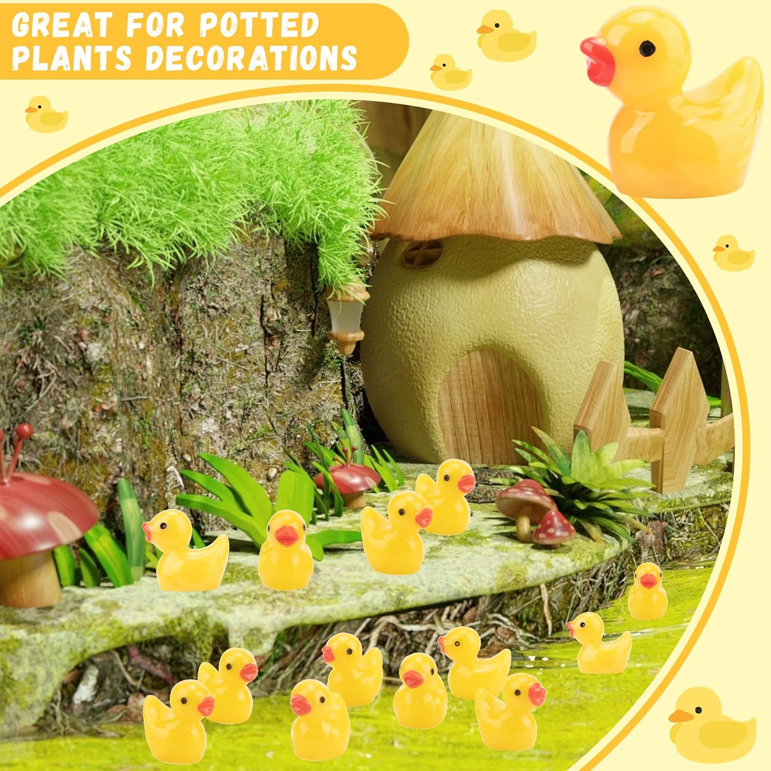 YUNAI Mini Resin Ducks 100 Pcs, Yellow Tiny Ducks with Jelly Glue, Mini Figurines in Bulk for Activity Little Ducks to Hide Prank Game Miniature Dollhouse Aquarium Potted Decorations DIY Craft Toys image number 2