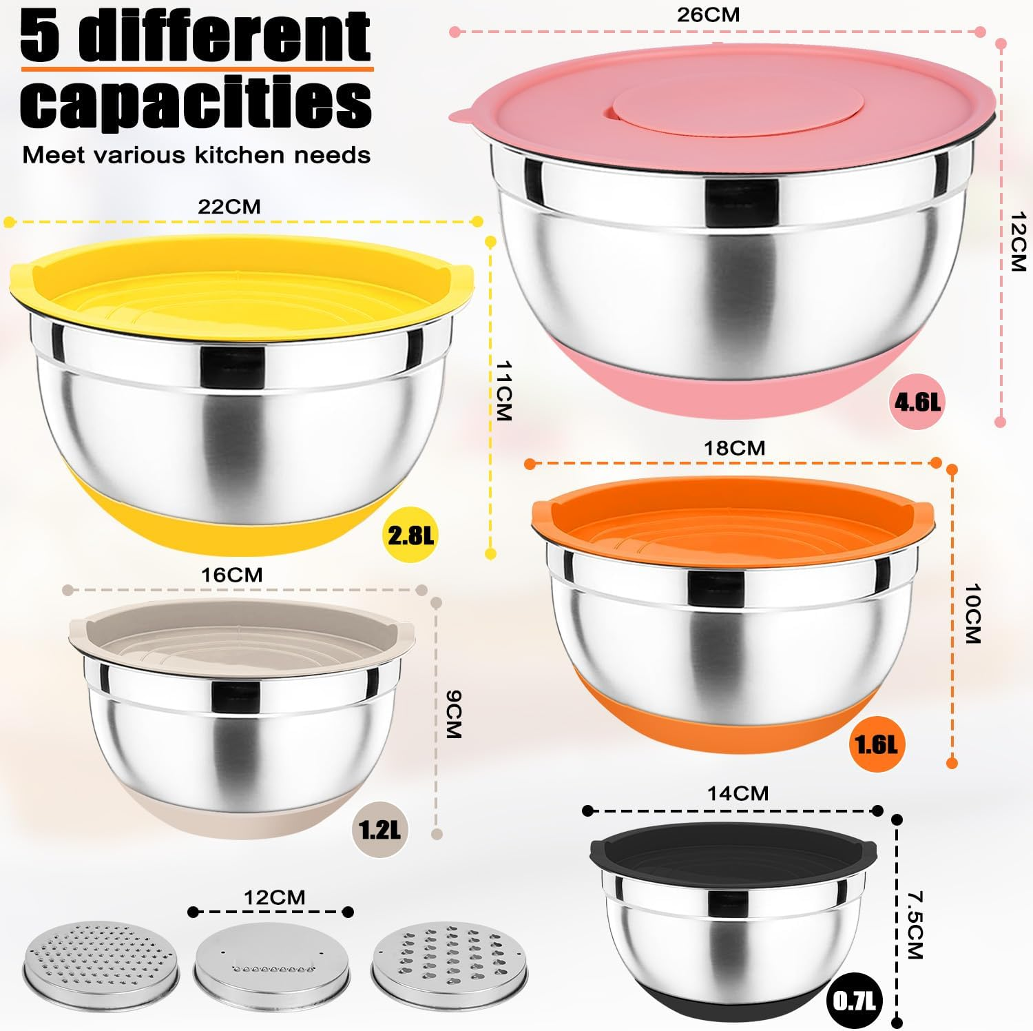 WEKUBA 5-Piece Stainless Steel Mixing Bowls Set with Lids, Non-Slip Silicone Base & 3 Grater Attachments &ndash; Stackable, Dishwasher Safe for Baking & Meal Prep image number 3