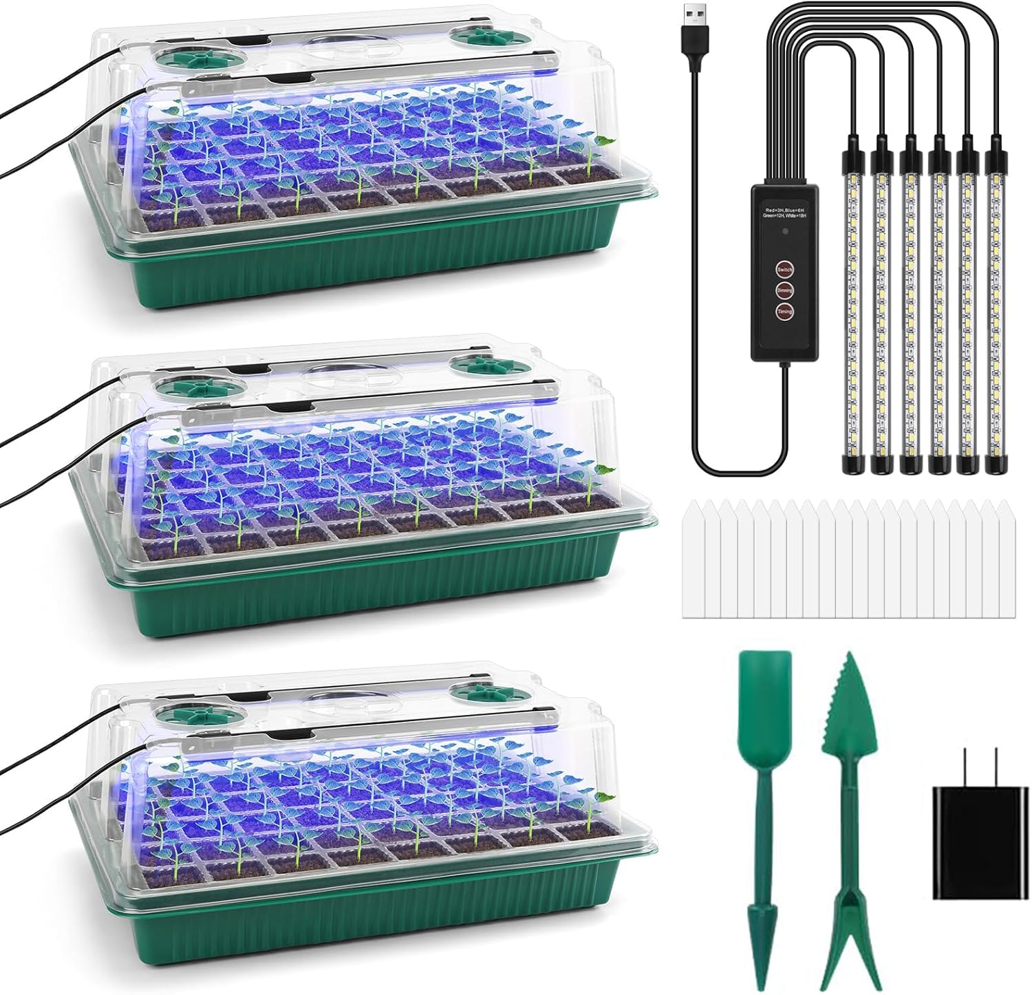 Kitchess 3 Pack Seedling Tray 120 Cells, Seed Starter Tray with 6 LED Plant Grow Lights, Seed Starter Germination Kit with Humidity Dome, Adjustable 5 Brightness Modes & 3 Timing image number 5