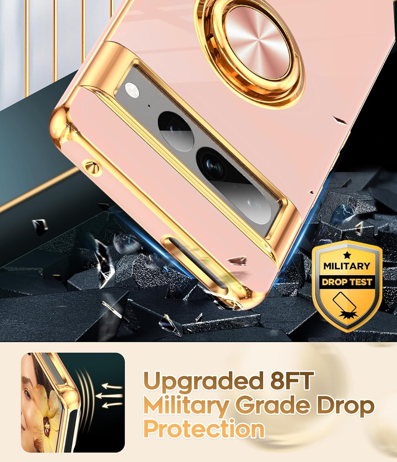 Leyi for Google Pixel 7 Pro Case: 360&deg; Rotatable Ring Holder Magnetic Kickstand, Plating Rose Gold Edge Protective Google Pixel 7 Pro Case, Pink image number 4