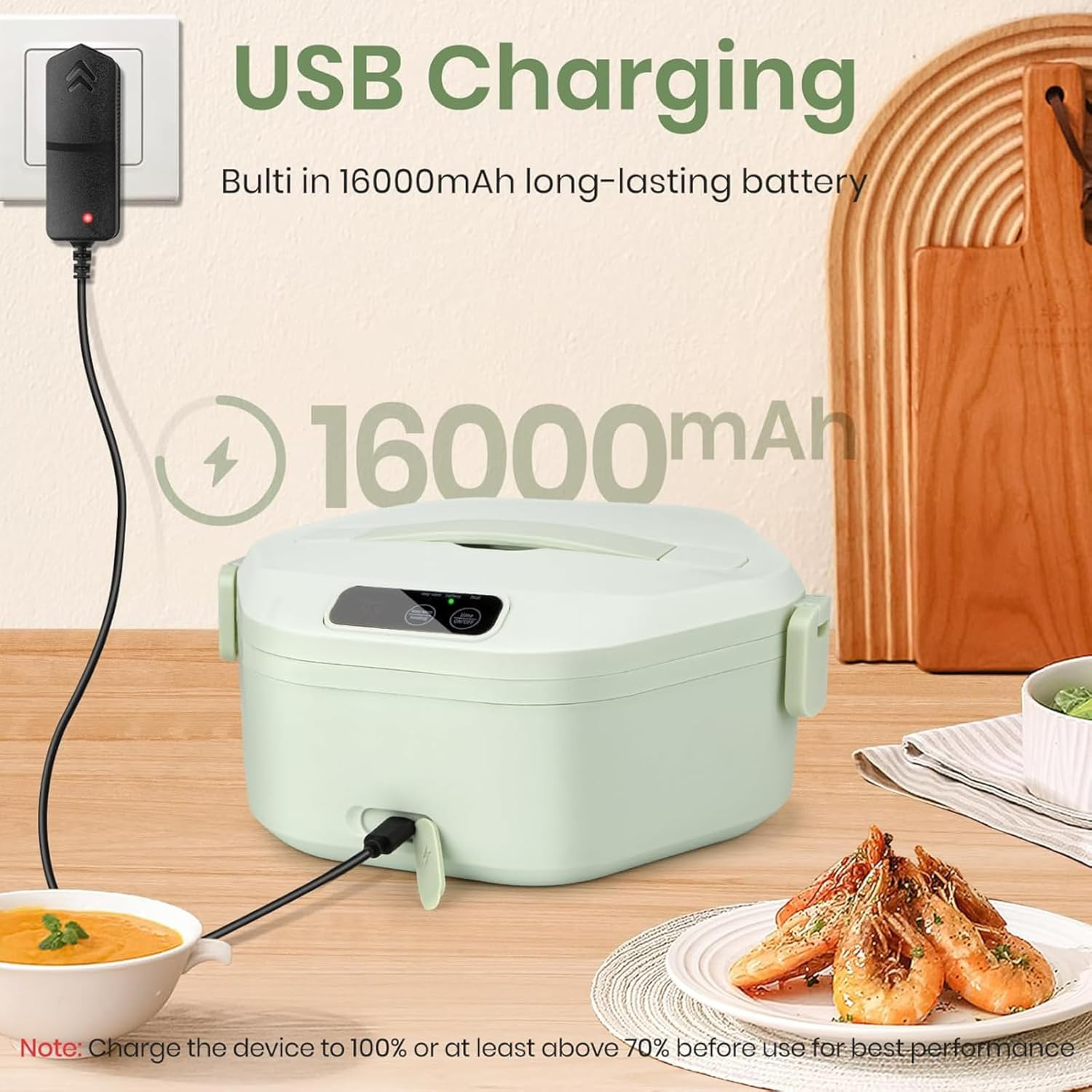 Cordless Electric Lunch Box,Heated Lunch Box Battery Powered with 1L Container, Adjustable Heating Warming Time Portable Food Warmer with Large Bag, Cutlery for Work, Travel and Office